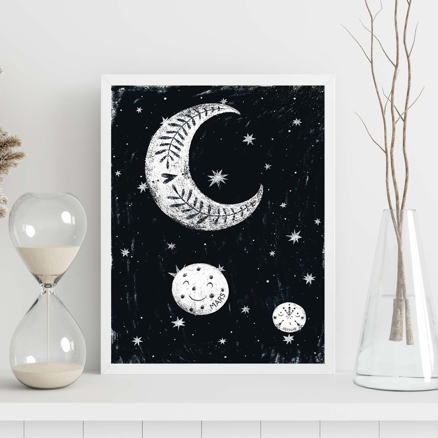 Lámina Luna y planetas Estilo nordico blanco y negro. Composiciones planetarias infantiles.-Artwork-Nacnic-Nacnic Estudio SL