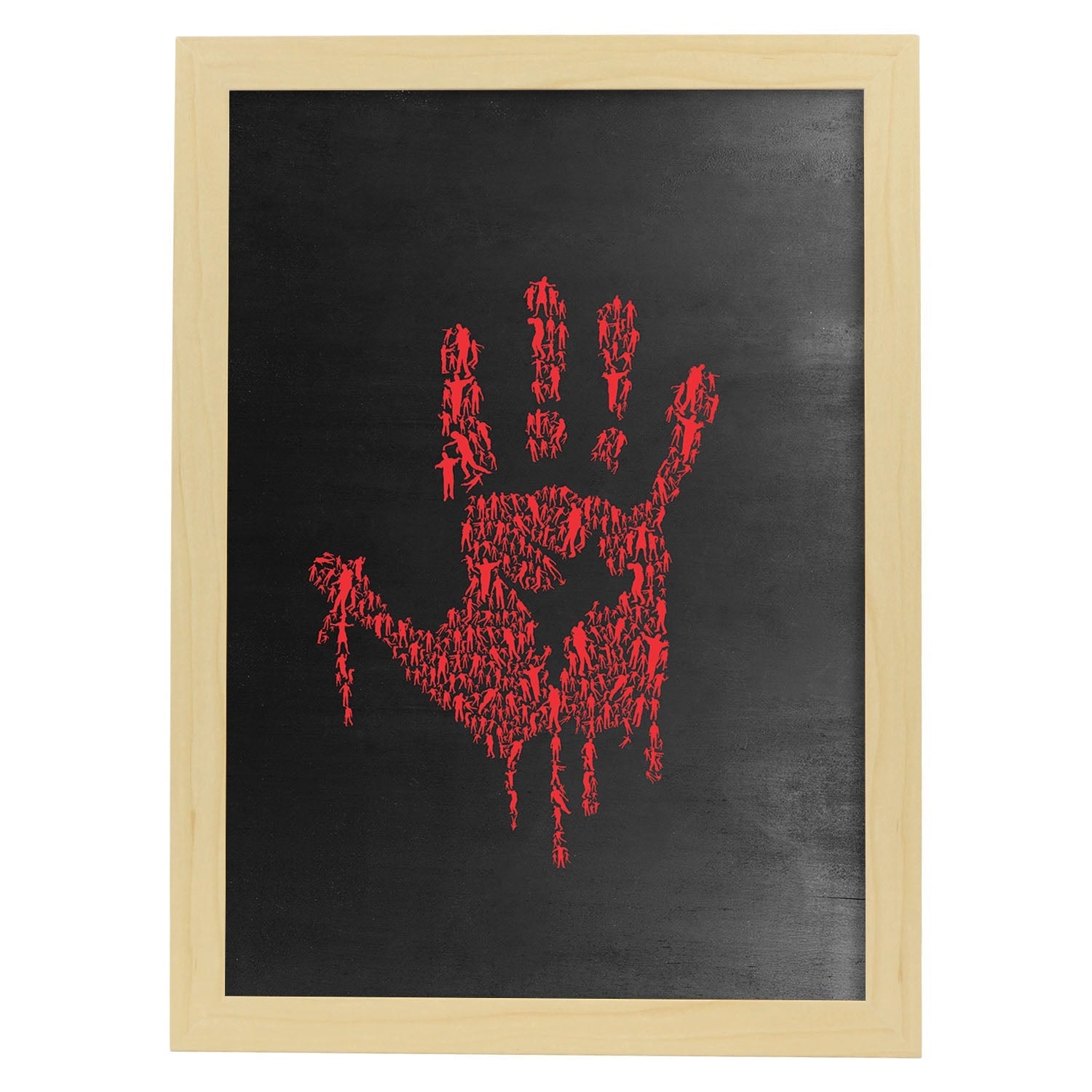 Lámina mano roja de La noche de los zoombies en Poster con fondo negro estilo pizarra. Papel 250 gr.-Artwork-Nacnic-A3-Marco Madera clara-Nacnic Estudio SL