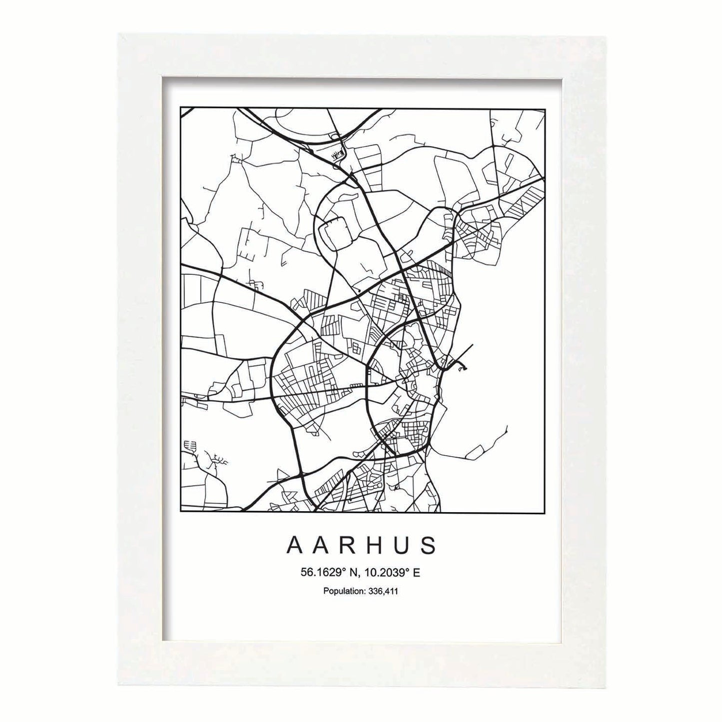 Lámina mapa de la ciudad Aarhus estilo nordico en blanco y negro.-Artwork-Nacnic-A3-Marco Blanco-Nacnic Estudio SL
