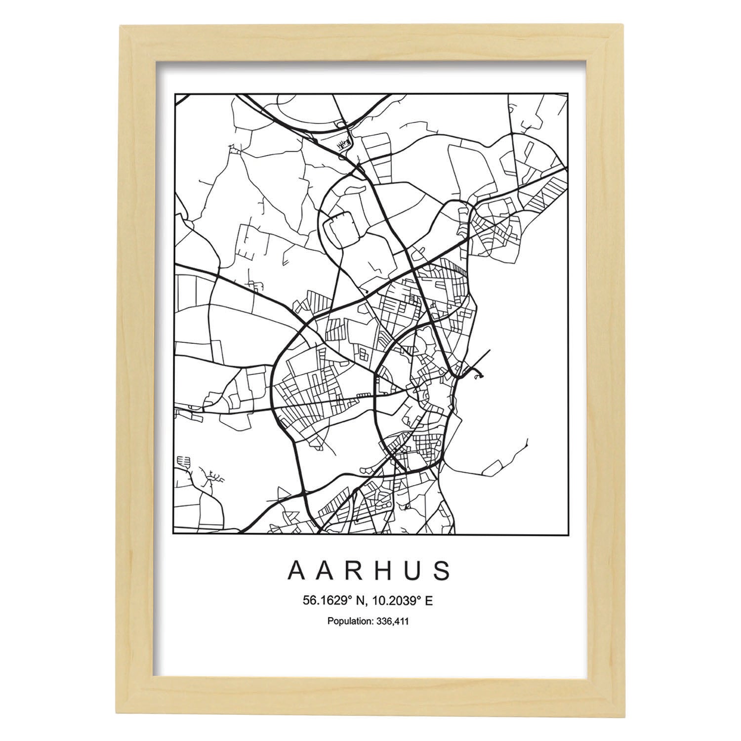 Lámina mapa de la ciudad Aarhus estilo nordico en blanco y negro.-Artwork-Nacnic-A3-Marco Madera clara-Nacnic Estudio SL
