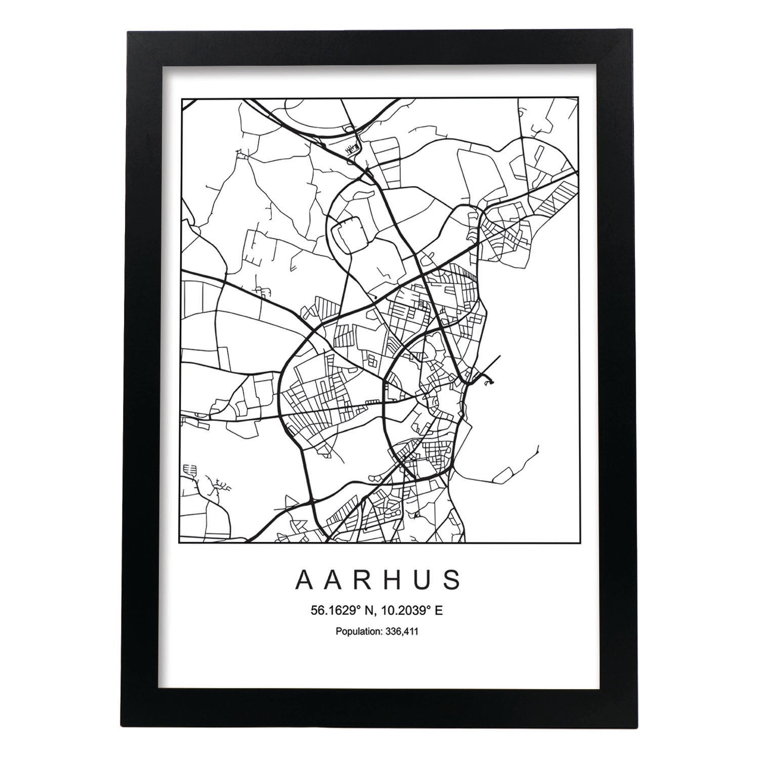 Lámina mapa de la ciudad Aarhus estilo nordico en blanco y negro.-Artwork-Nacnic-A3-Marco Negro-Nacnic Estudio SL