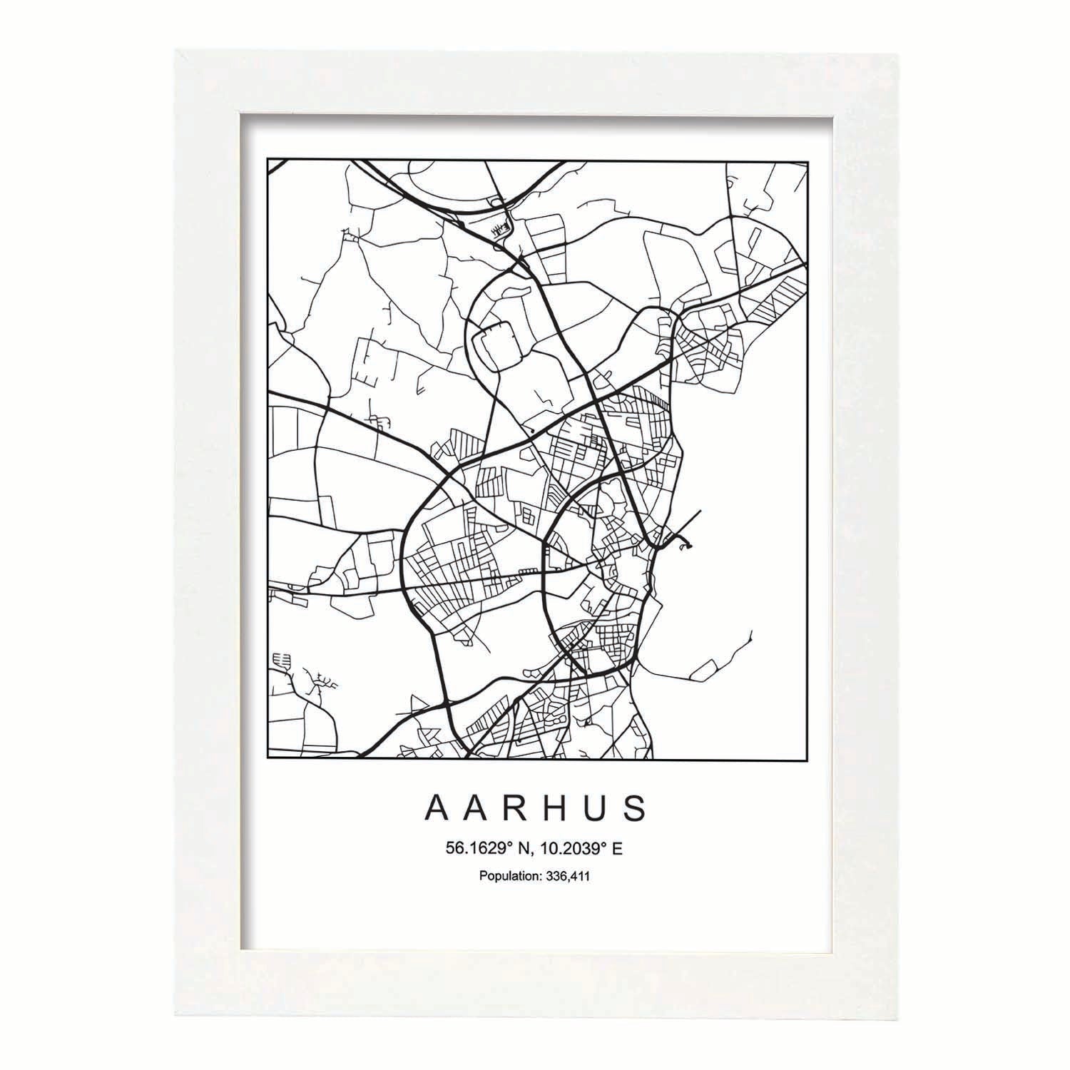 Lámina mapa de la ciudad Aarhus estilo nordico en blanco y negro.-Artwork-Nacnic-A4-Marco Blanco-Nacnic Estudio SL