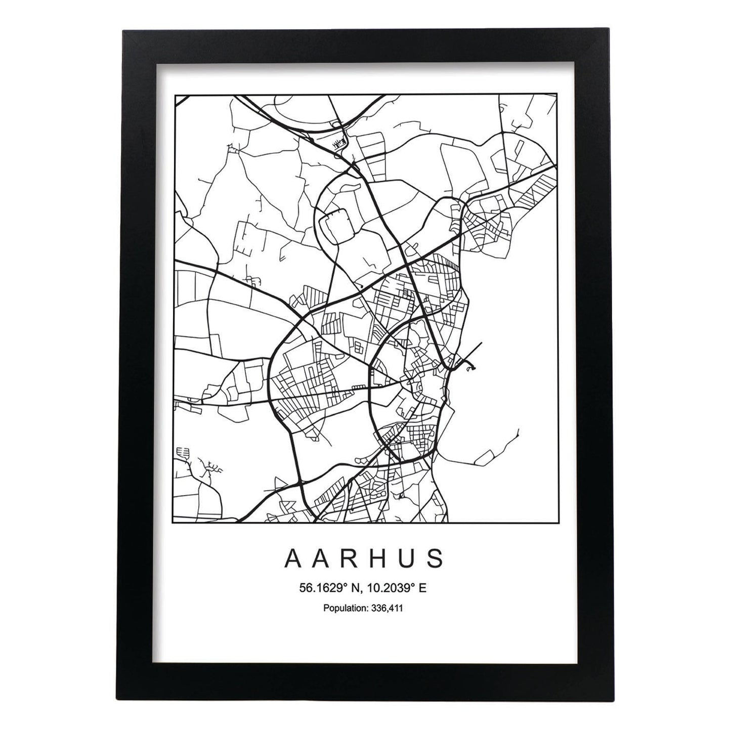 Lámina mapa de la ciudad Aarhus estilo nordico en blanco y negro.-Artwork-Nacnic-A4-Marco Negro-Nacnic Estudio SL