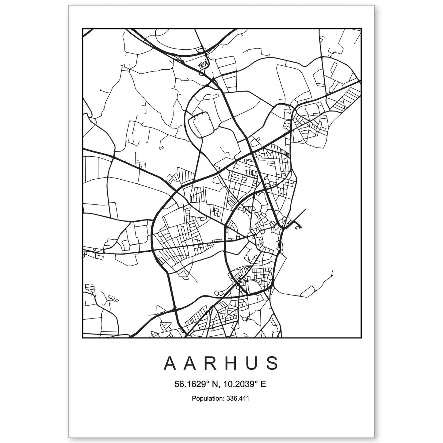 Lámina mapa de la ciudad Aarhus estilo nordico en blanco y negro.-Artwork-Nacnic-A4-Sin marco-Nacnic Estudio SL