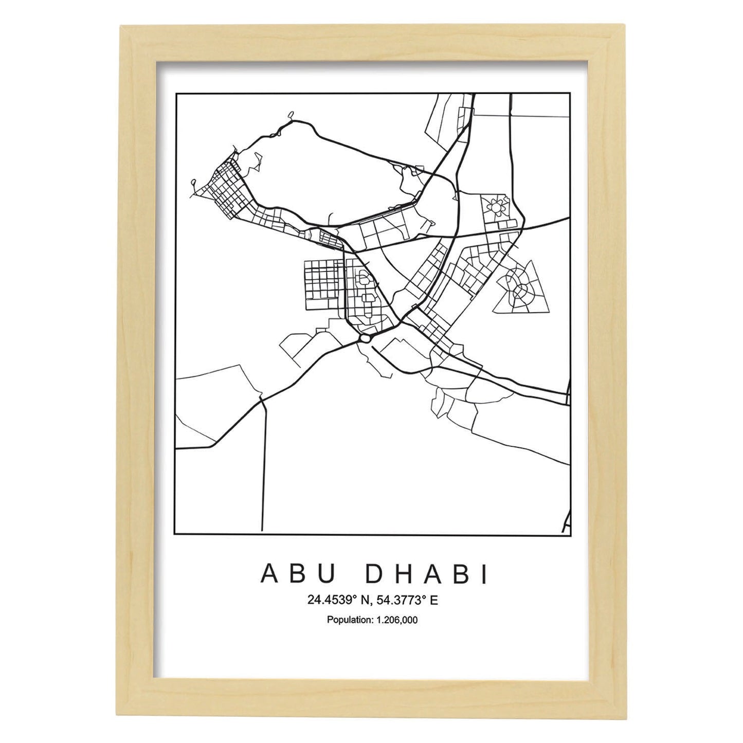 Lámina mapa de la ciudad Abu dhabi estilo nordico en blanco y negro.-Artwork-Nacnic-A3-Marco Madera clara-Nacnic Estudio SL