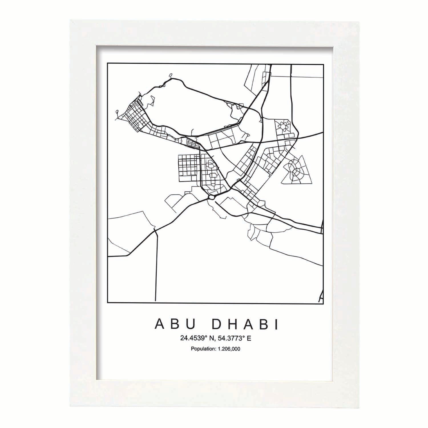 Lámina mapa de la ciudad Abu dhabi estilo nordico en blanco y negro.-Artwork-Nacnic-A4-Marco Blanco-Nacnic Estudio SL
