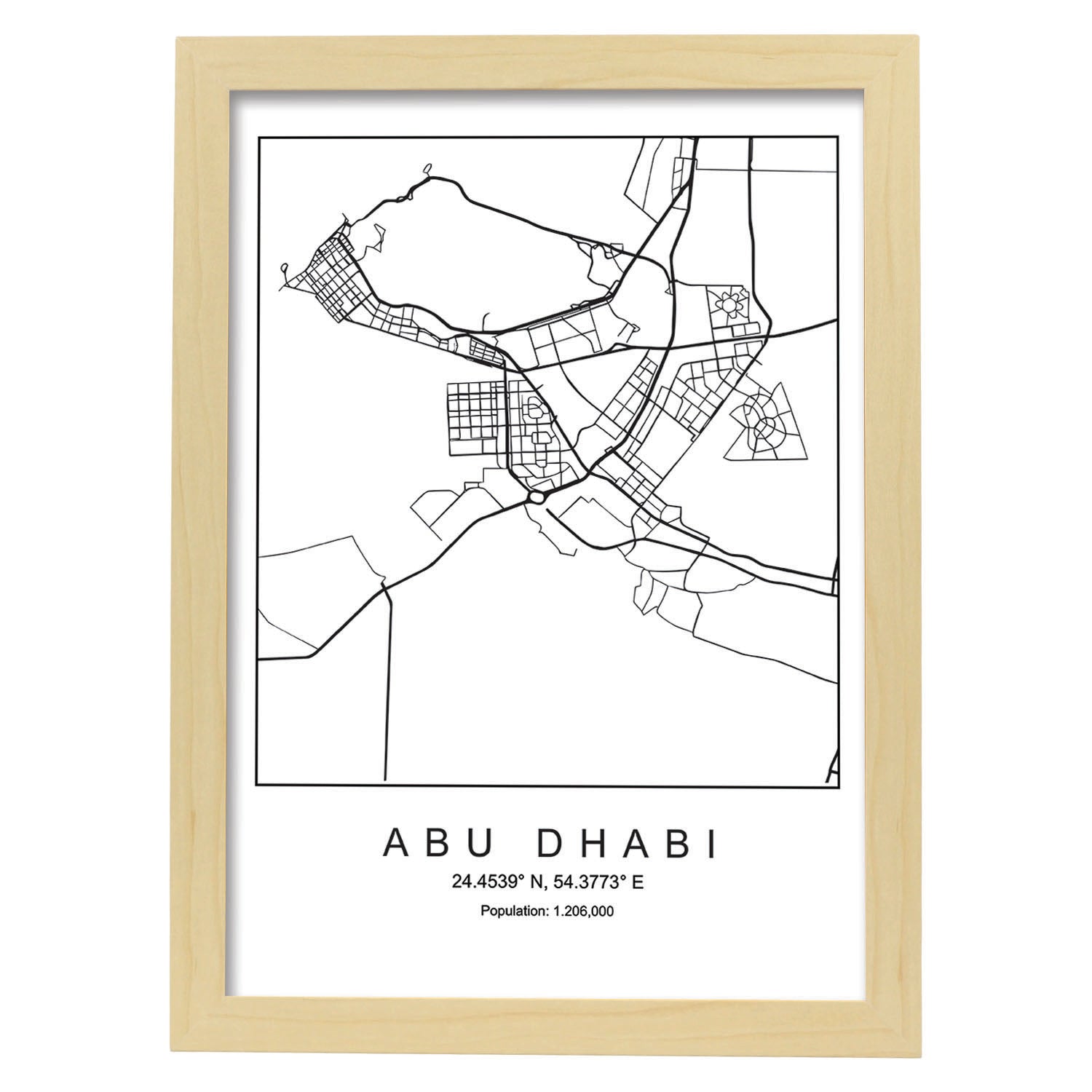 Lámina mapa de la ciudad Abu dhabi estilo nordico en blanco y negro.-Artwork-Nacnic-A4-Marco Madera clara-Nacnic Estudio SL