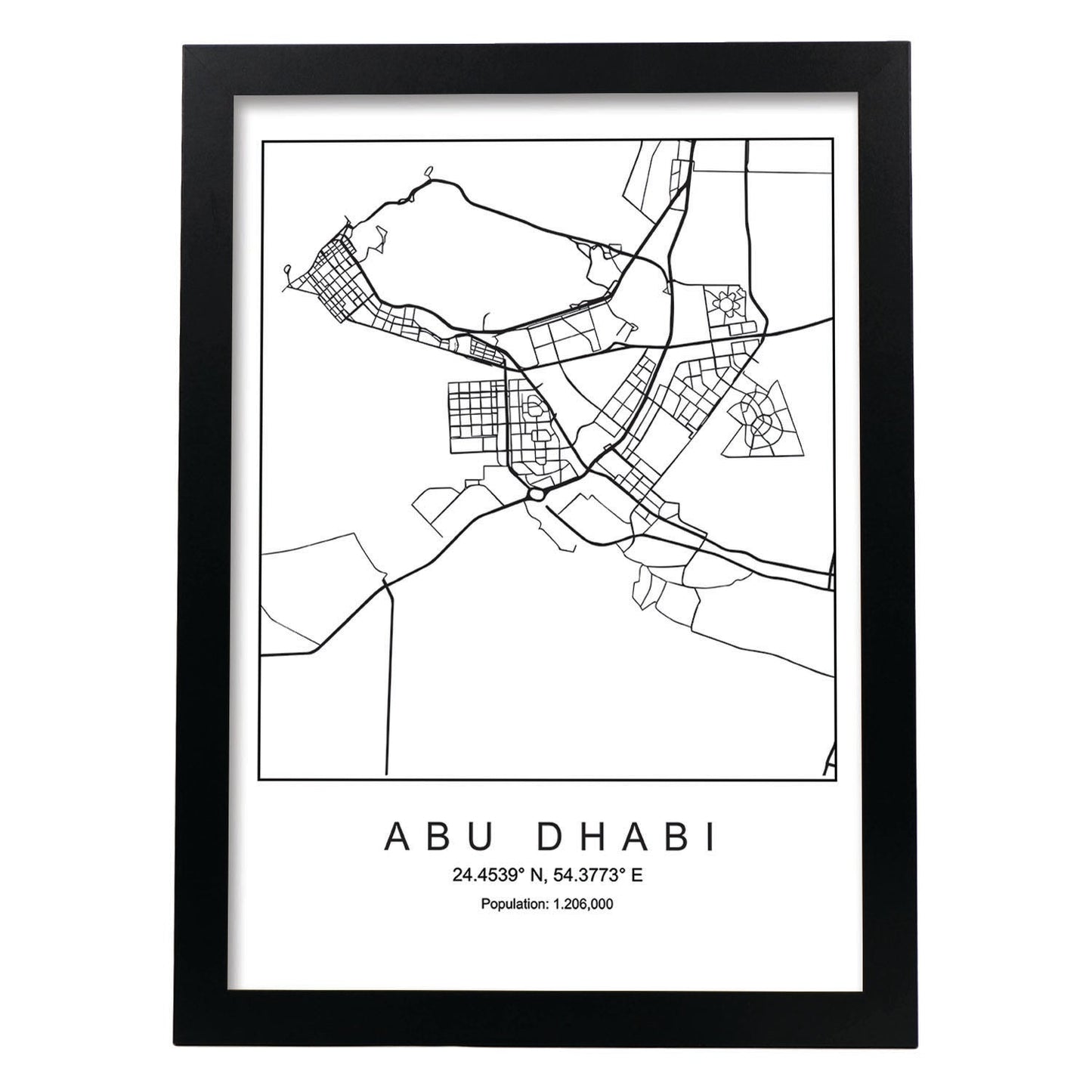 Lámina mapa de la ciudad Abu dhabi estilo nordico en blanco y negro.-Artwork-Nacnic-A4-Marco Negro-Nacnic Estudio SL