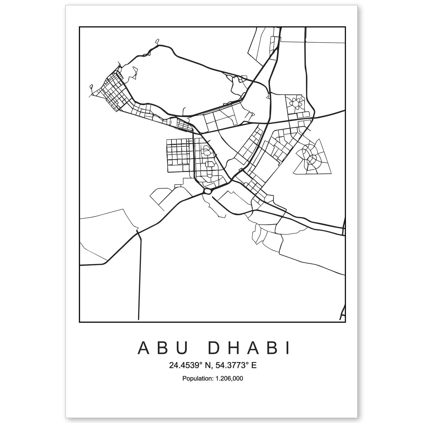 Lámina mapa de la ciudad Abu dhabi estilo nordico en blanco y negro.-Artwork-Nacnic-A4-Sin marco-Nacnic Estudio SL
