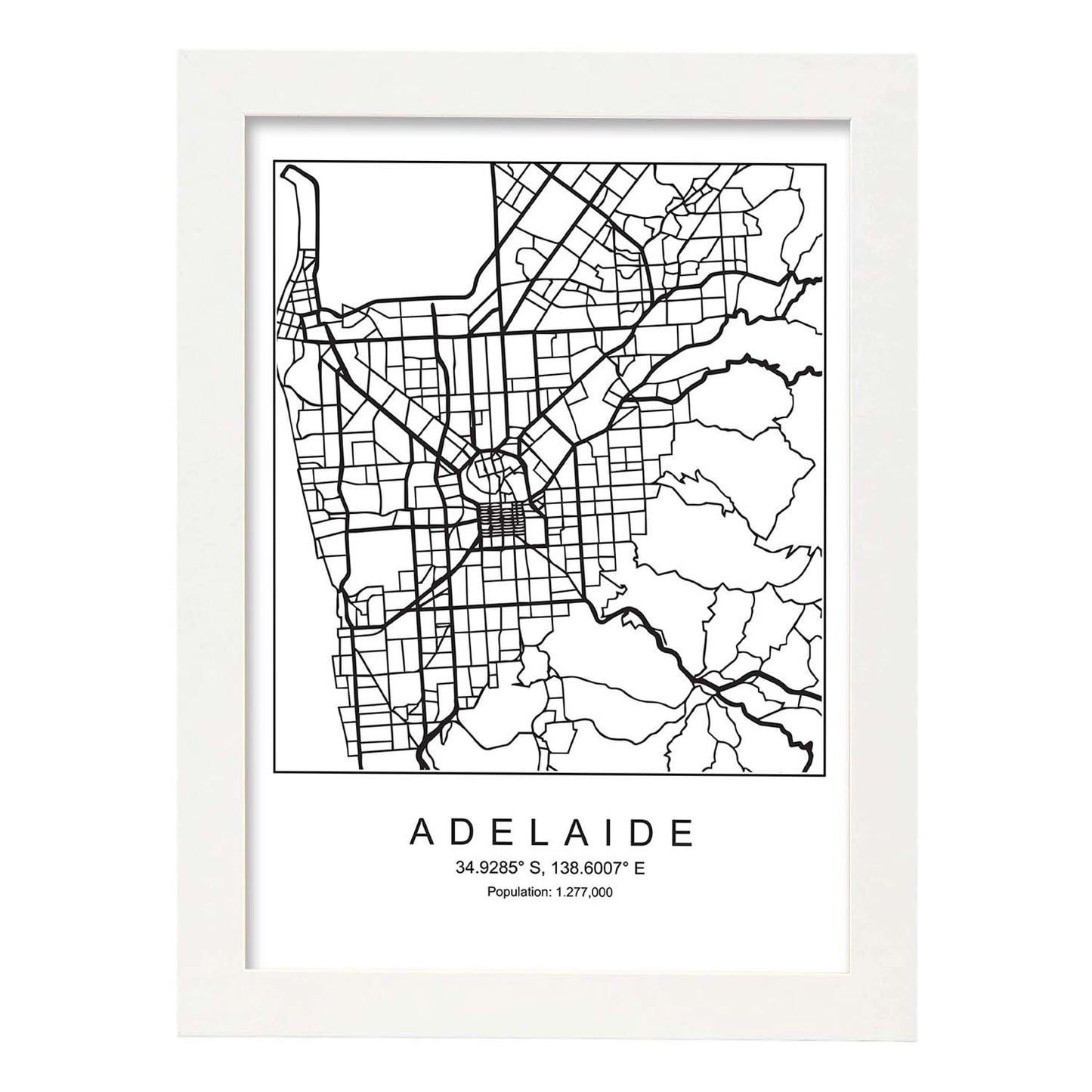 Lámina mapa de la ciudad Adelaide estilo nordico en blanco y negro.-Artwork-Nacnic-A3-Marco Blanco-Nacnic Estudio SL