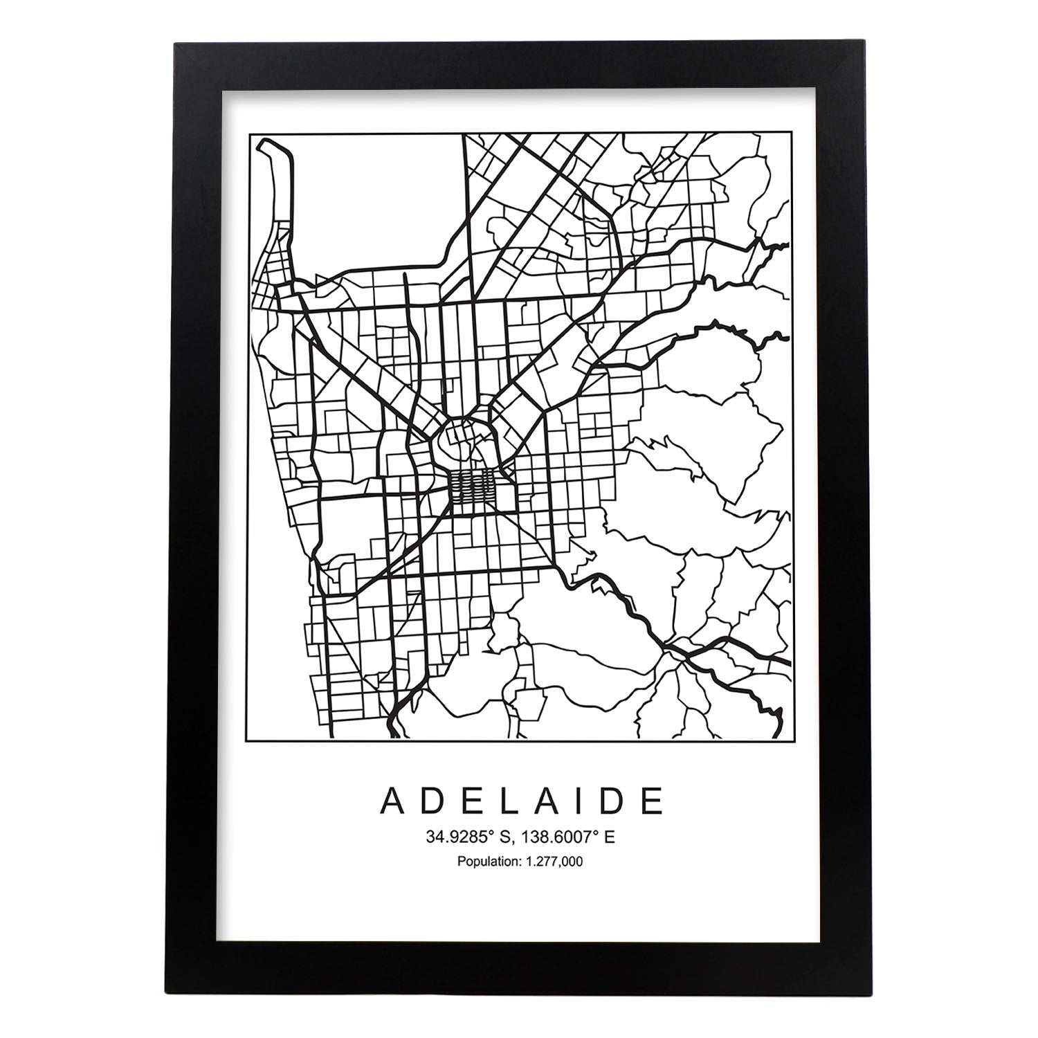 Lámina mapa de la ciudad Adelaide estilo nordico en blanco y negro.-Artwork-Nacnic-A3-Marco Negro-Nacnic Estudio SL