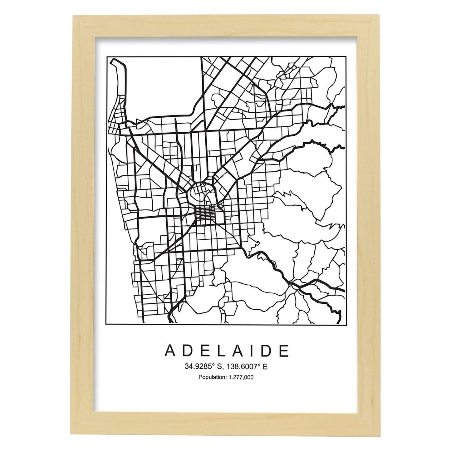 Lámina mapa de la ciudad Adelaide estilo nordico en blanco y negro.-Artwork-Nacnic-A4-Marco Madera clara-Nacnic Estudio SL