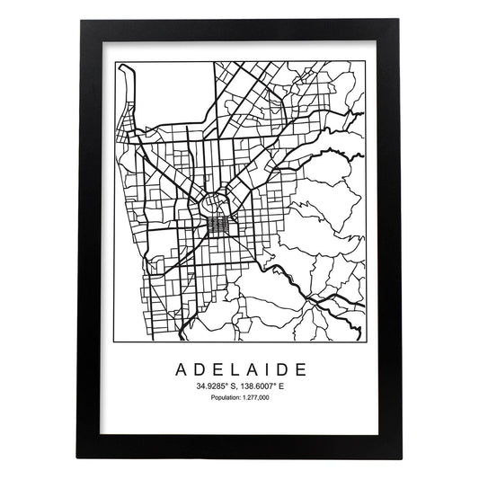 Lámina mapa de la ciudad Adelaide estilo nordico en blanco y negro.-Artwork-Nacnic-A4-Marco Negro-Nacnic Estudio SL