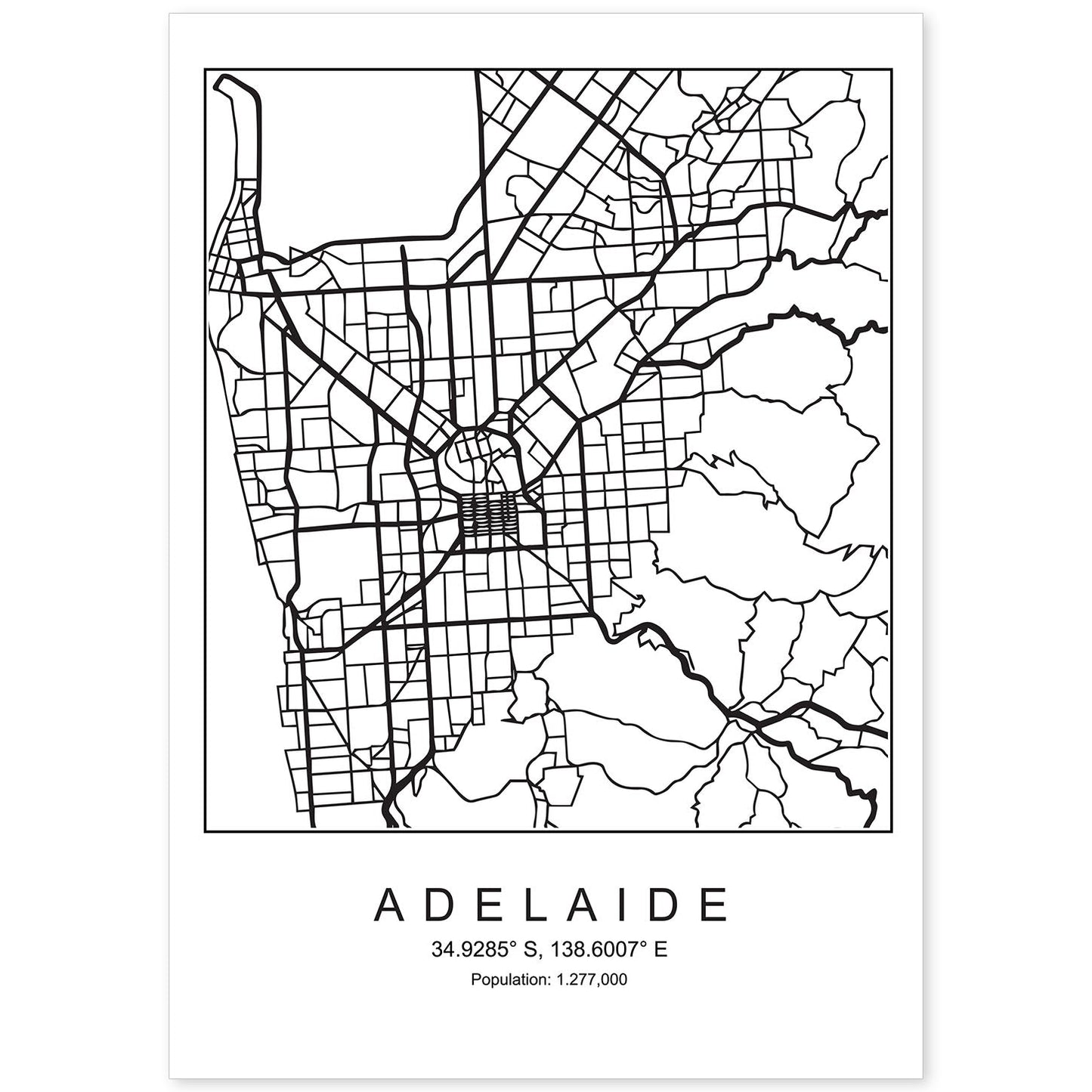 Lámina mapa de la ciudad Adelaide estilo nordico en blanco y negro.-Artwork-Nacnic-A4-Sin marco-Nacnic Estudio SL