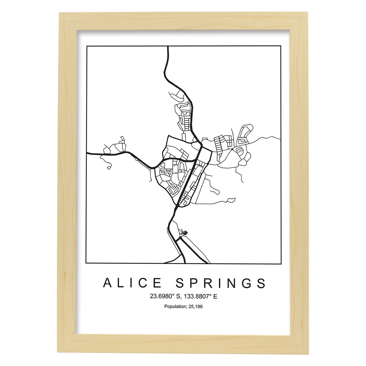 Lámina mapa de la ciudad Alice springs estilo nordico en blanco y negro.-Artwork-Nacnic-A3-Marco Madera clara-Nacnic Estudio SL