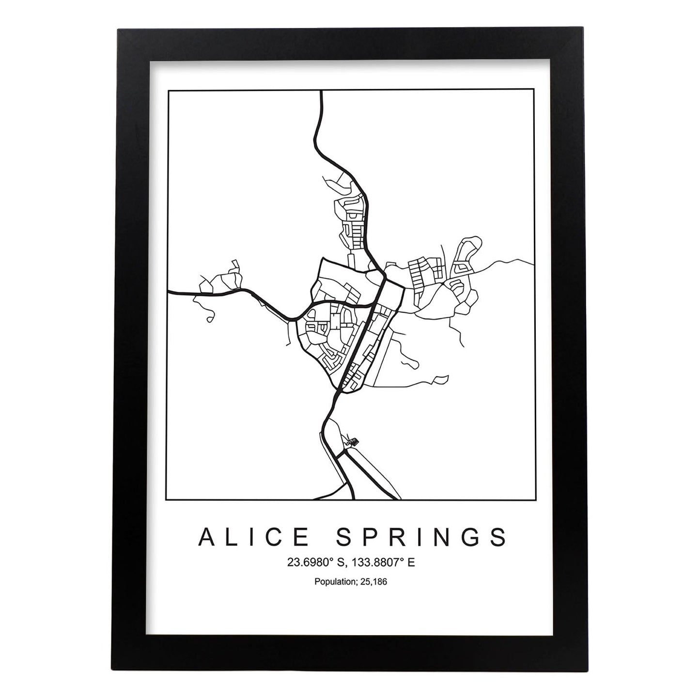 Lámina mapa de la ciudad Alice springs estilo nordico en blanco y negro.-Artwork-Nacnic-A3-Marco Negro-Nacnic Estudio SL