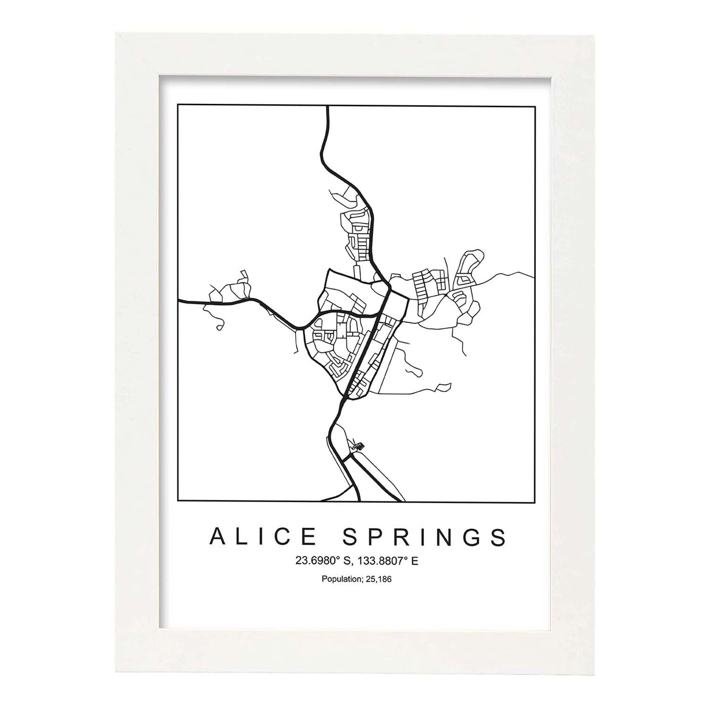 Lámina mapa de la ciudad Alice springs estilo nordico en blanco y negro.-Artwork-Nacnic-A4-Marco Blanco-Nacnic Estudio SL