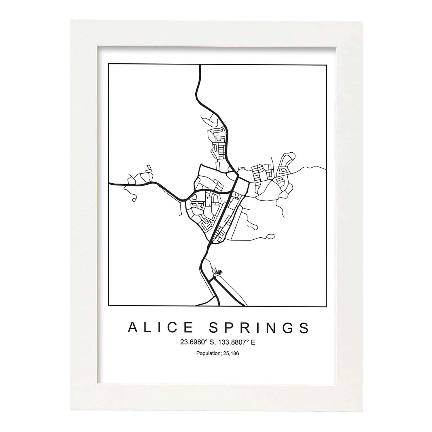 Lámina mapa de la ciudad Alice springs estilo nordico en blanco y negro.-Artwork-Nacnic-A4-Marco Blanco-Nacnic Estudio SL