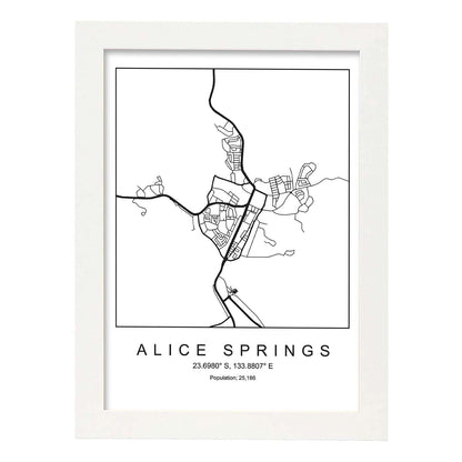 Lámina mapa de la ciudad Alice springs estilo nordico en blanco y negro.-Artwork-Nacnic-A4-Marco Blanco-Nacnic Estudio SL