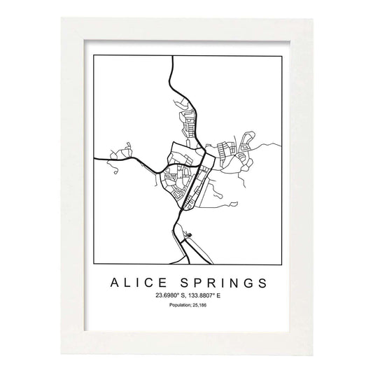 Lámina mapa de la ciudad Alice springs estilo nordico en blanco y negro.-Artwork-Nacnic-A4-Marco Blanco-Nacnic Estudio SL