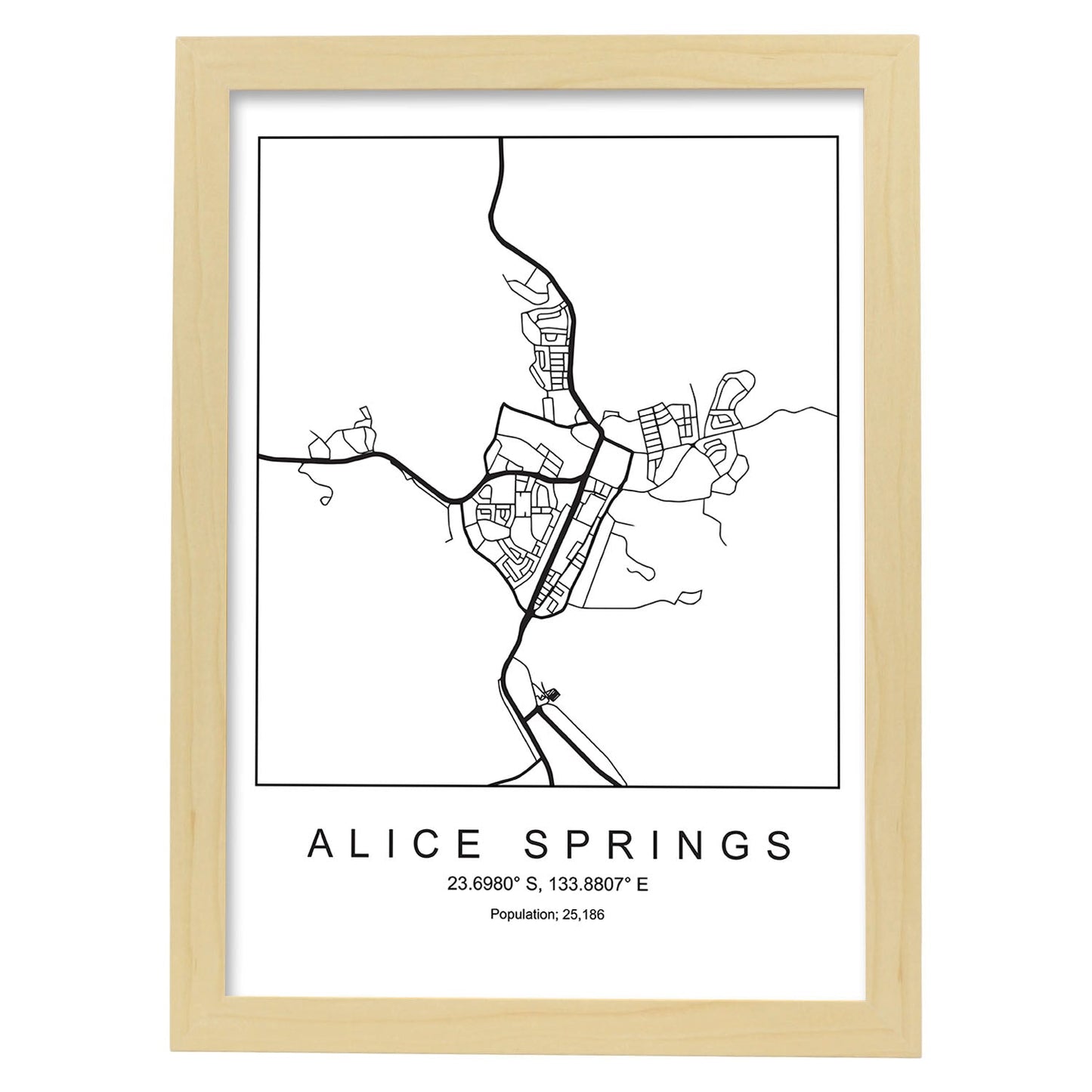 Lámina mapa de la ciudad Alice springs estilo nordico en blanco y negro.-Artwork-Nacnic-A4-Marco Madera clara-Nacnic Estudio SL