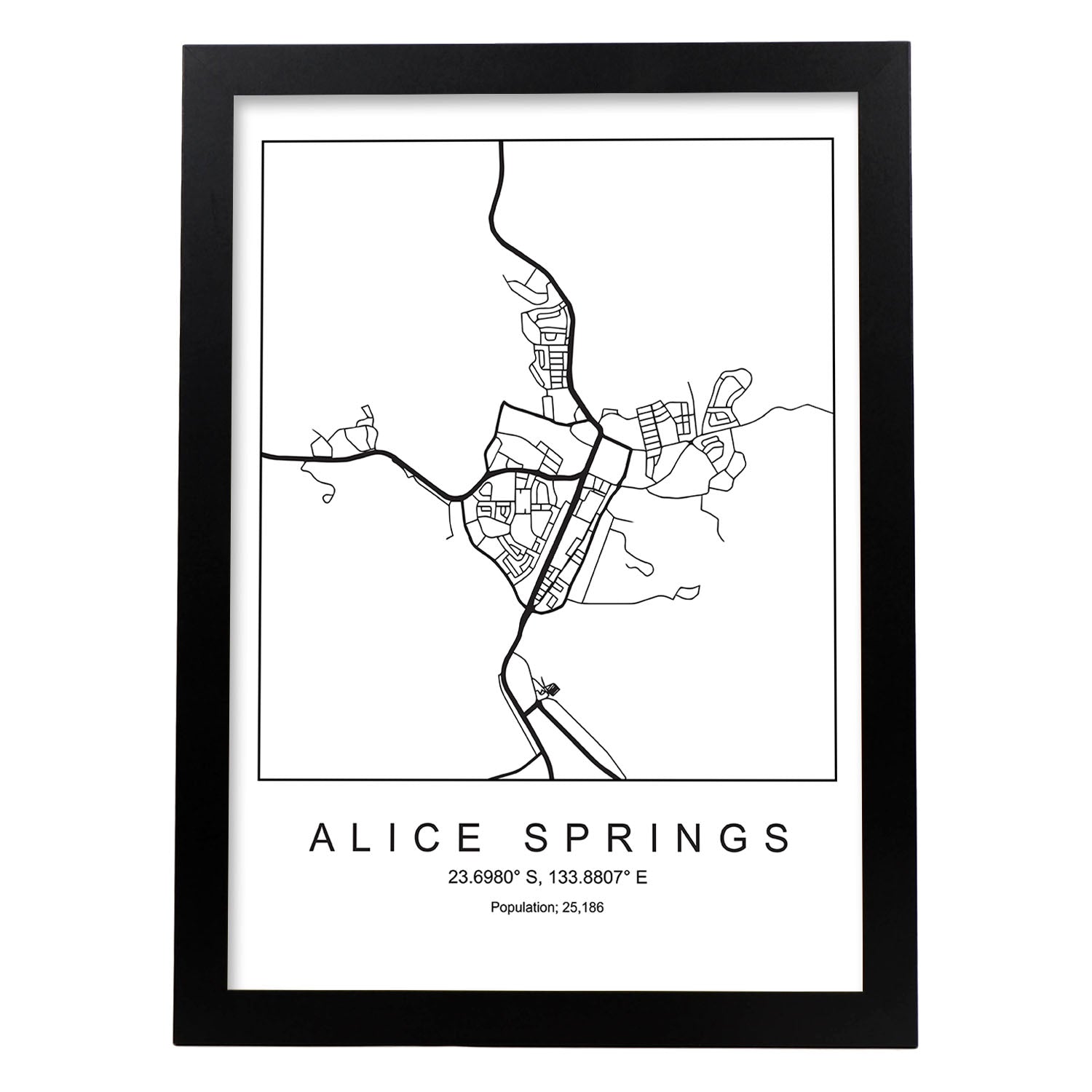 Lámina mapa de la ciudad Alice springs estilo nordico en blanco y negro.-Artwork-Nacnic-A4-Marco Negro-Nacnic Estudio SL