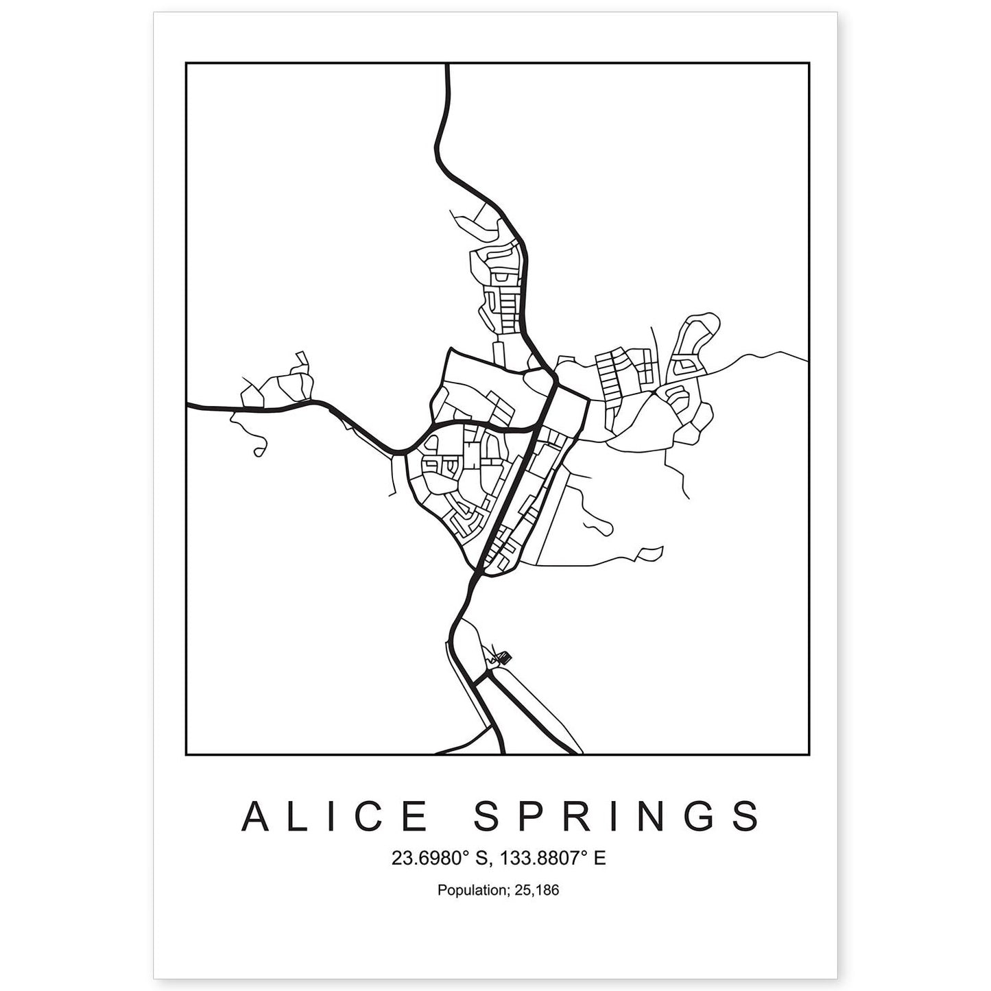 Lámina mapa de la ciudad Alice springs estilo nordico en blanco y negro.-Artwork-Nacnic-A4-Sin marco-Nacnic Estudio SL