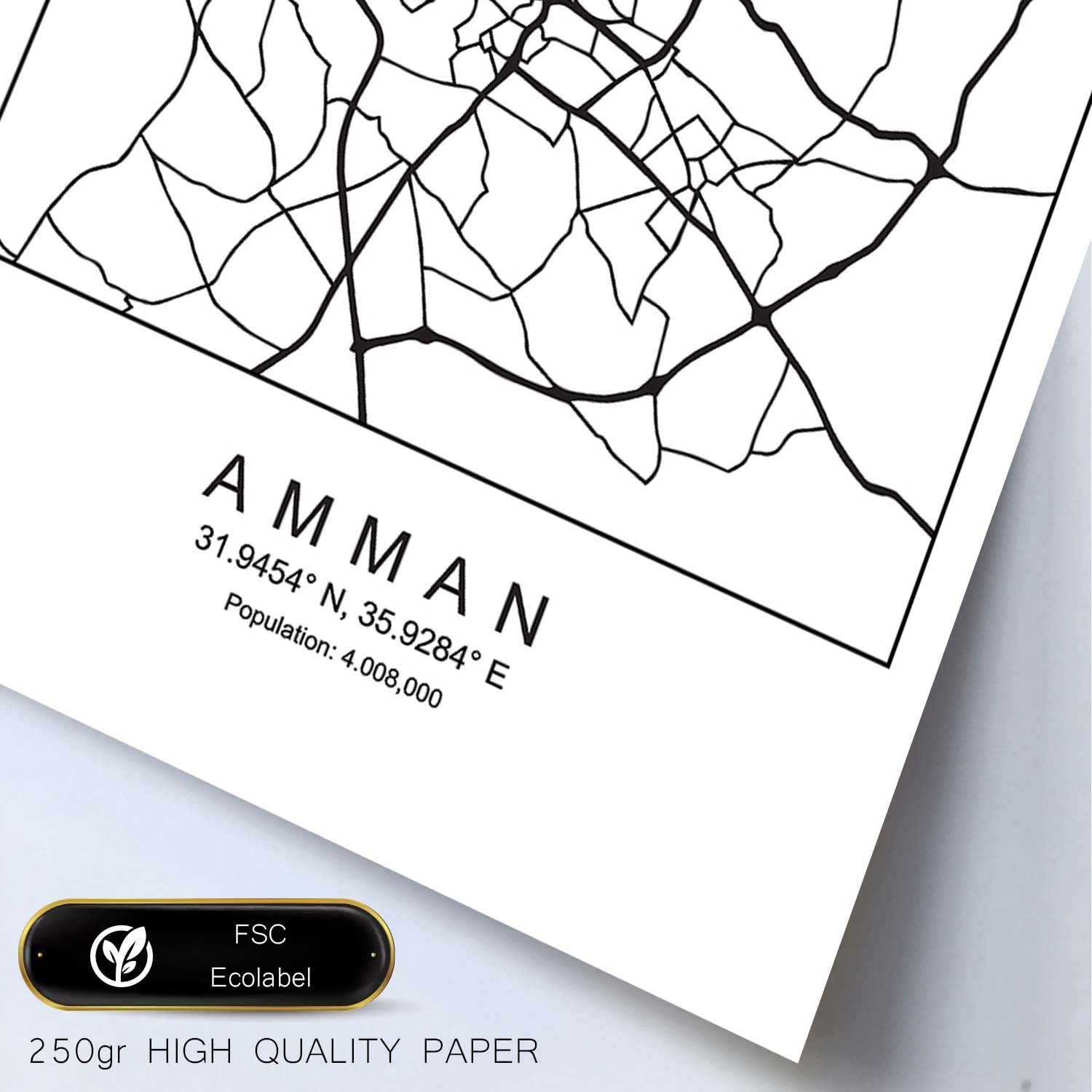 Lámina mapa de la ciudad Amman estilo nordico en blanco y negro.-Artwork-Nacnic-Nacnic Estudio SL