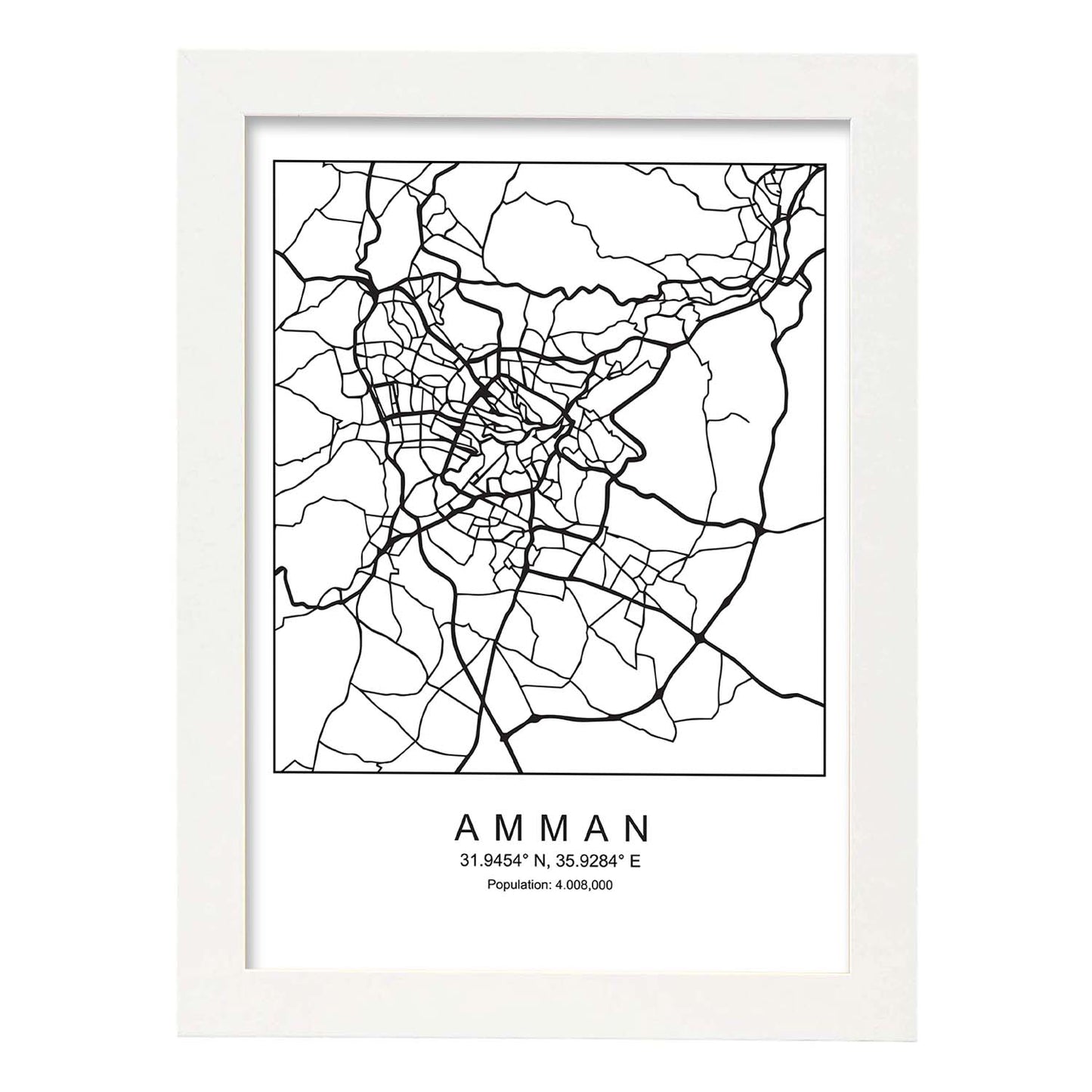 Lámina mapa de la ciudad Amman estilo nordico en blanco y negro.-Artwork-Nacnic-A3-Marco Blanco-Nacnic Estudio SL