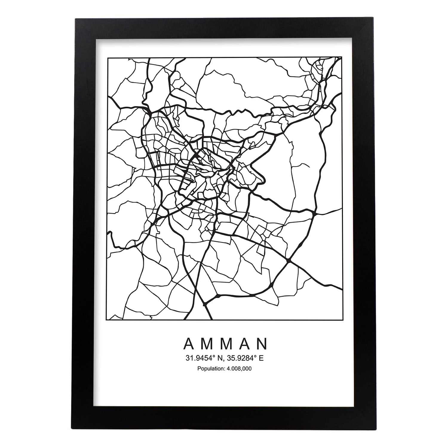 Lámina mapa de la ciudad Amman estilo nordico en blanco y negro.-Artwork-Nacnic-A3-Marco Negro-Nacnic Estudio SL
