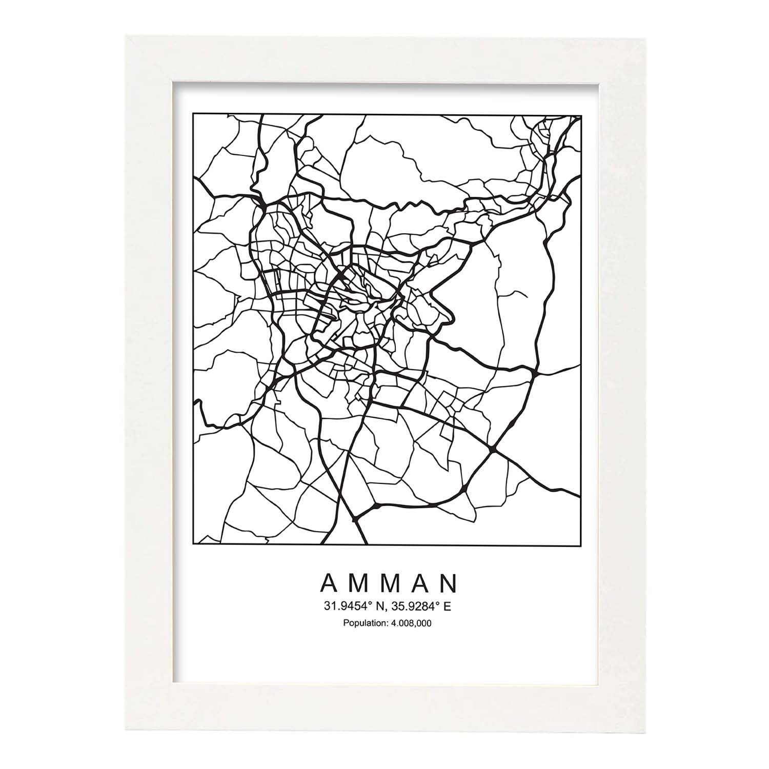 Lámina mapa de la ciudad Amman estilo nordico en blanco y negro.-Artwork-Nacnic-A4-Marco Blanco-Nacnic Estudio SL
