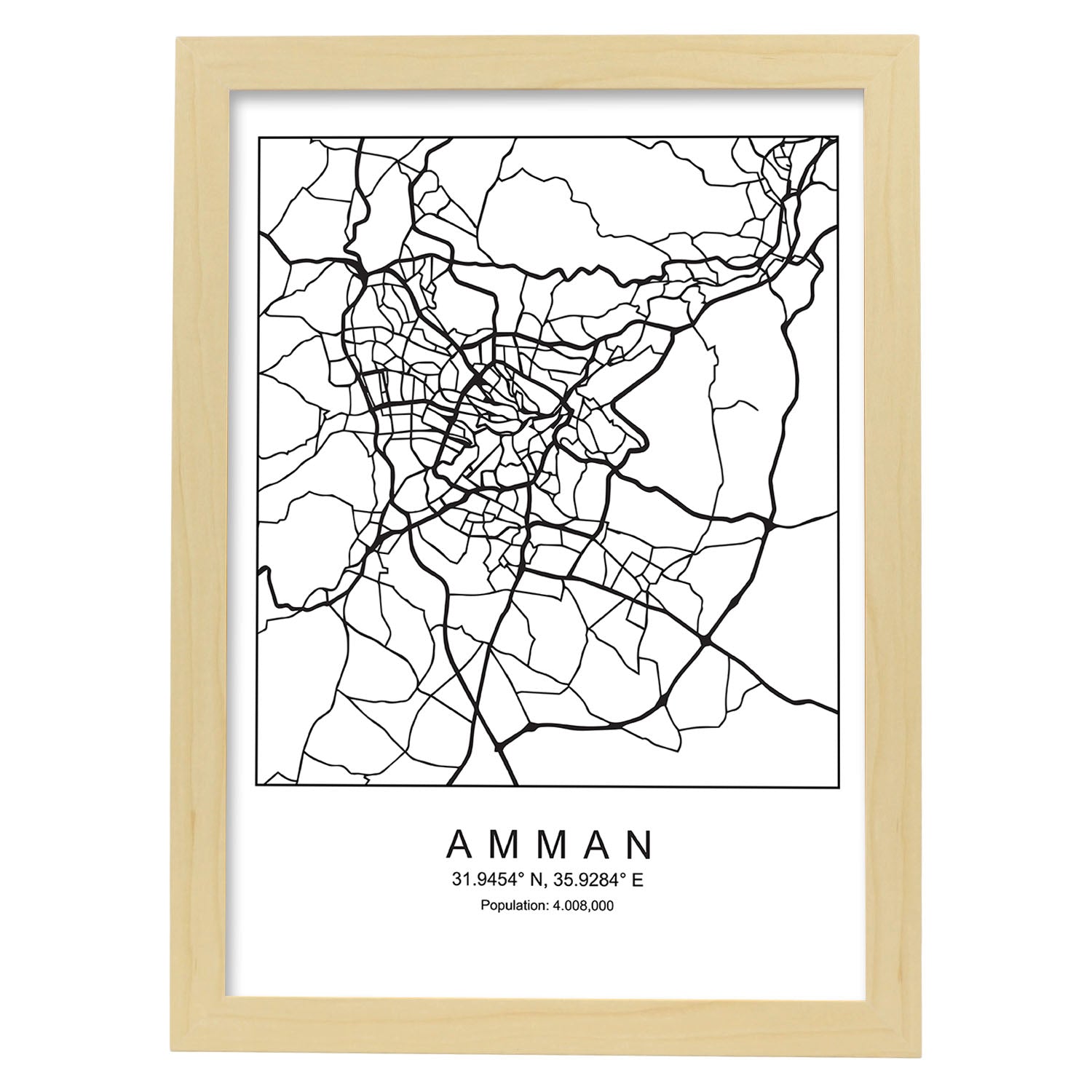 Lámina mapa de la ciudad Amman estilo nordico en blanco y negro.-Artwork-Nacnic-A4-Marco Madera clara-Nacnic Estudio SL