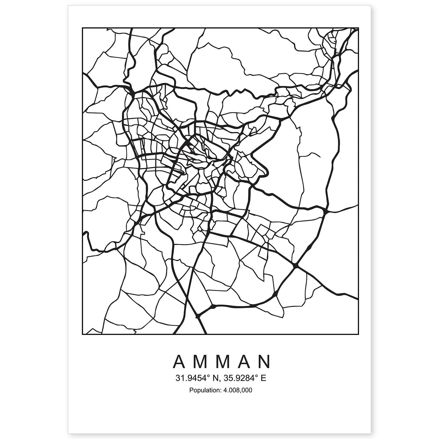 Lámina mapa de la ciudad Amman estilo nordico en blanco y negro.-Artwork-Nacnic-A4-Sin marco-Nacnic Estudio SL