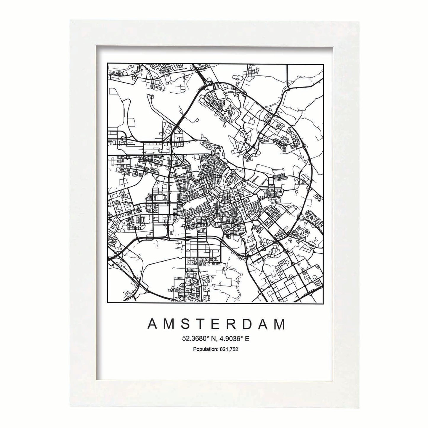 Lámina mapa de la ciudad Amsterdam estilo nordico en blanco y negro.-Artwork-Nacnic-A3-Marco Blanco-Nacnic Estudio SL