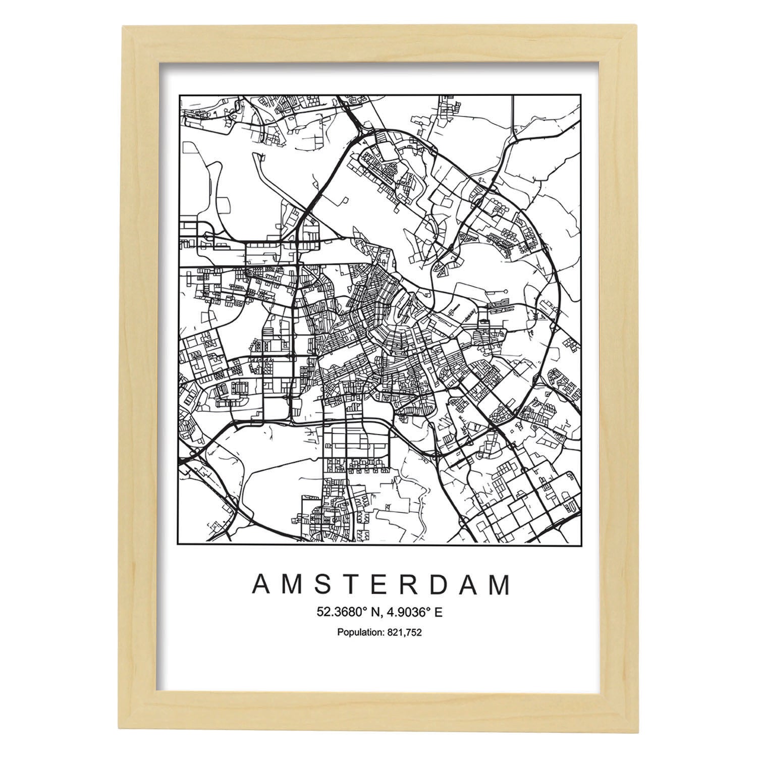 Lámina mapa de la ciudad Amsterdam estilo nordico en blanco y negro.-Artwork-Nacnic-A3-Marco Madera clara-Nacnic Estudio SL