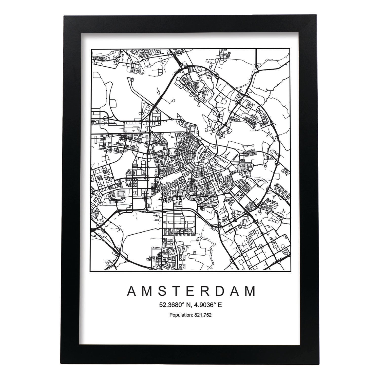 Lámina mapa de la ciudad Amsterdam estilo nordico en blanco y negro.-Artwork-Nacnic-A3-Marco Negro-Nacnic Estudio SL