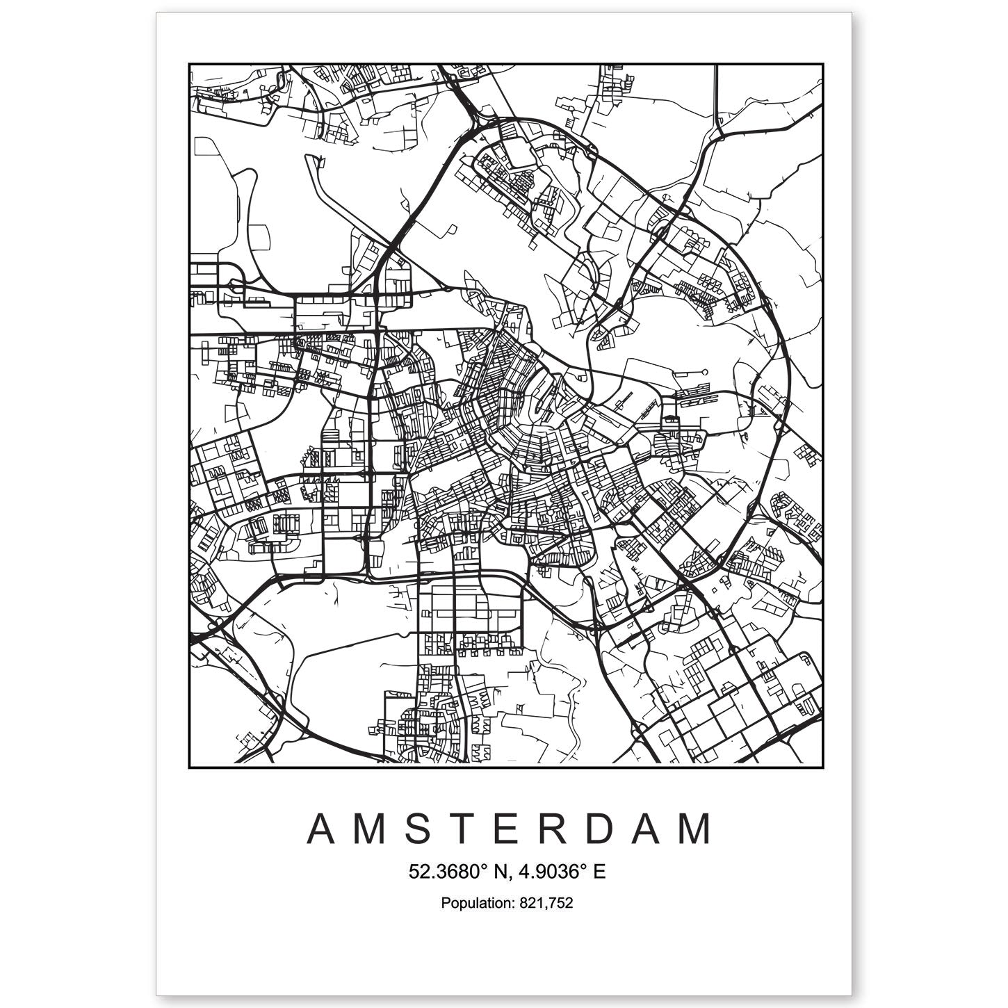Lámina mapa de la ciudad Amsterdam estilo nordico en blanco y negro.-Artwork-Nacnic-A4-Sin marco-Nacnic Estudio SL