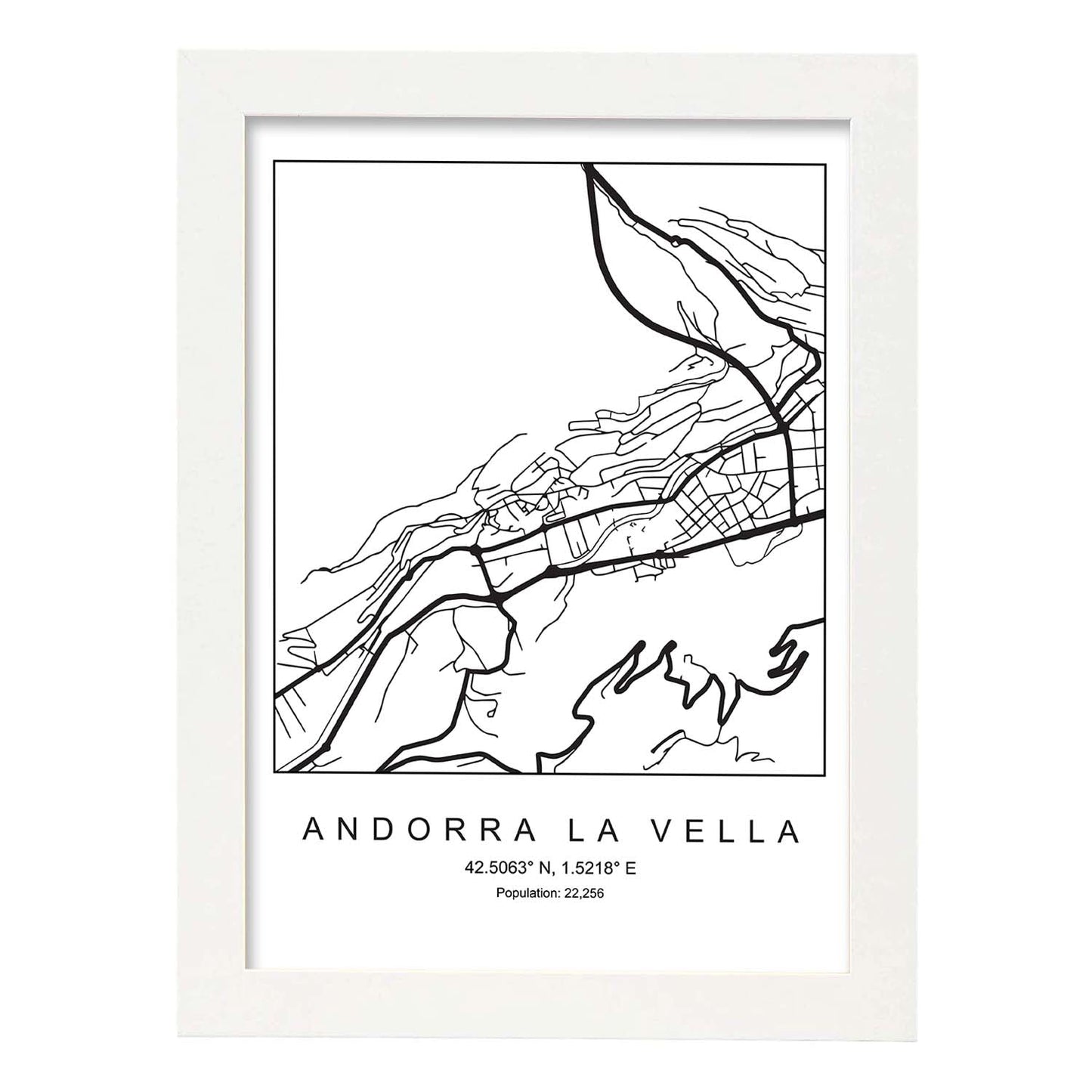 Lámina mapa de la ciudad Andorra la vella estilo nordico en blanco y negro.-Artwork-Nacnic-A3-Marco Blanco-Nacnic Estudio SL