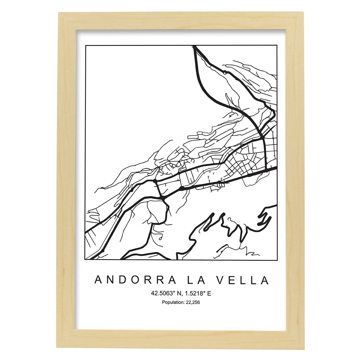 Lámina mapa de la ciudad Andorra la vella estilo nordico en blanco y negro.-Artwork-Nacnic-A3-Marco Madera clara-Nacnic Estudio SL