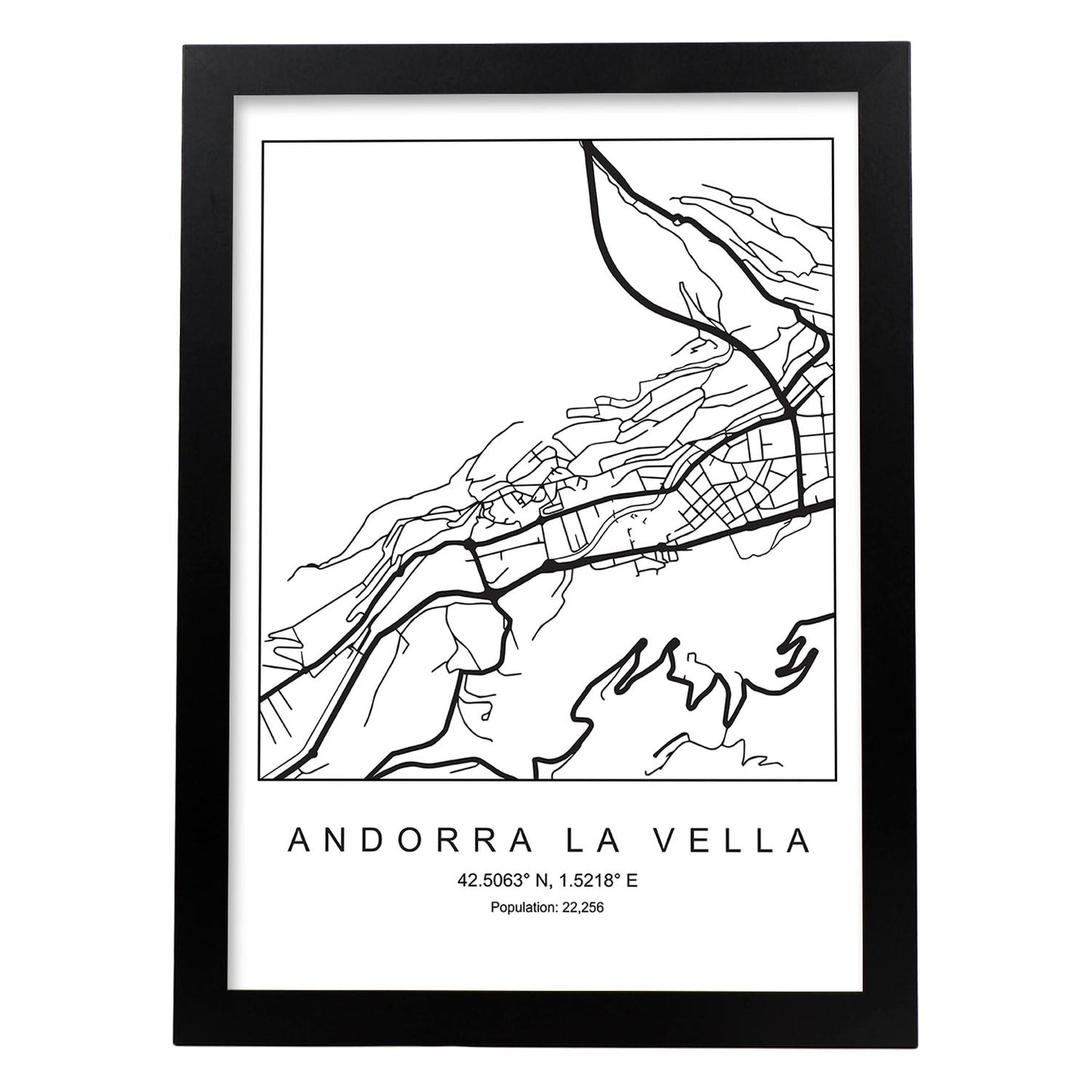 Lámina mapa de la ciudad Andorra la vella estilo nordico en blanco y negro.-Artwork-Nacnic-A3-Marco Negro-Nacnic Estudio SL