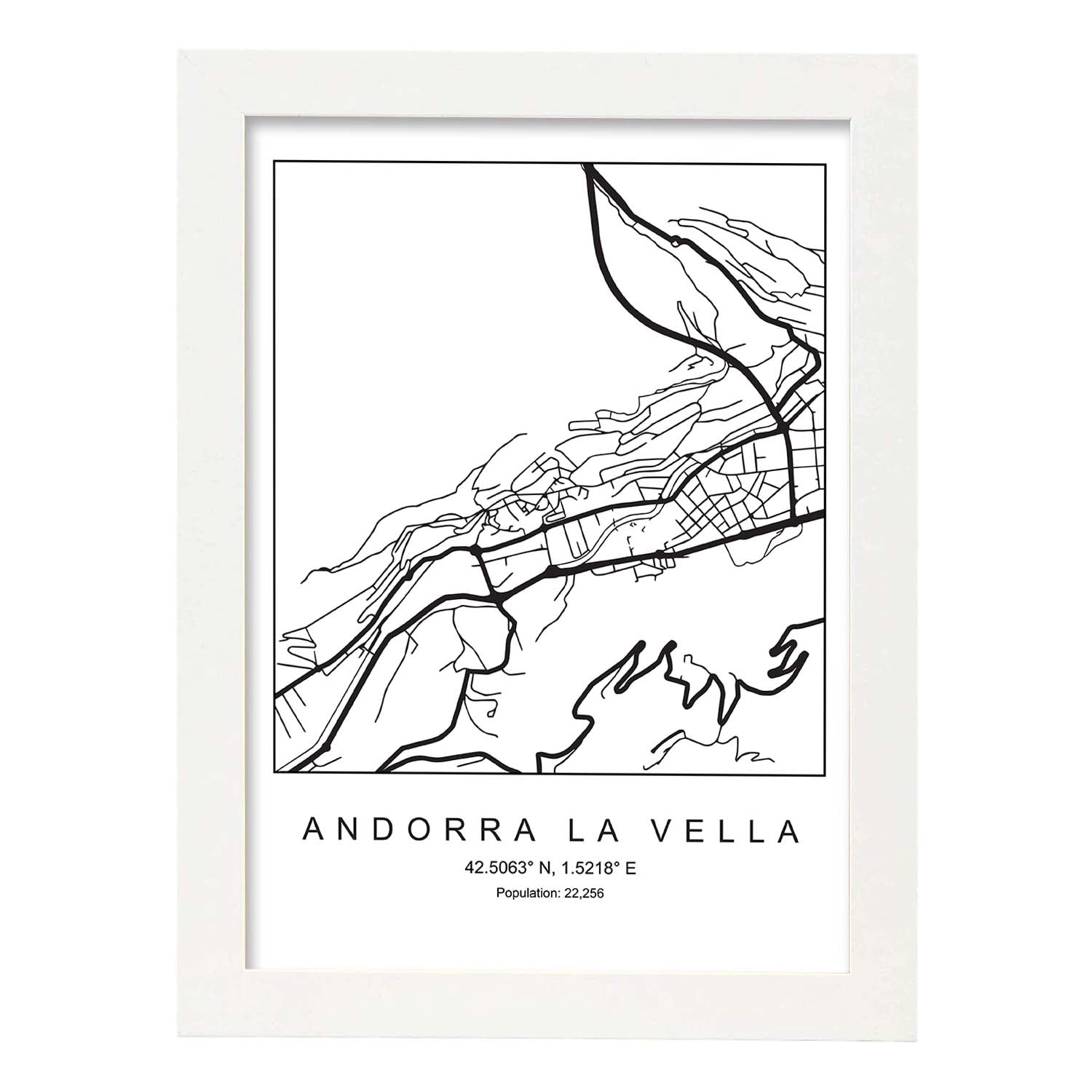 Lámina mapa de la ciudad Andorra la vella estilo nordico en blanco y negro.-Artwork-Nacnic-A4-Marco Blanco-Nacnic Estudio SL
