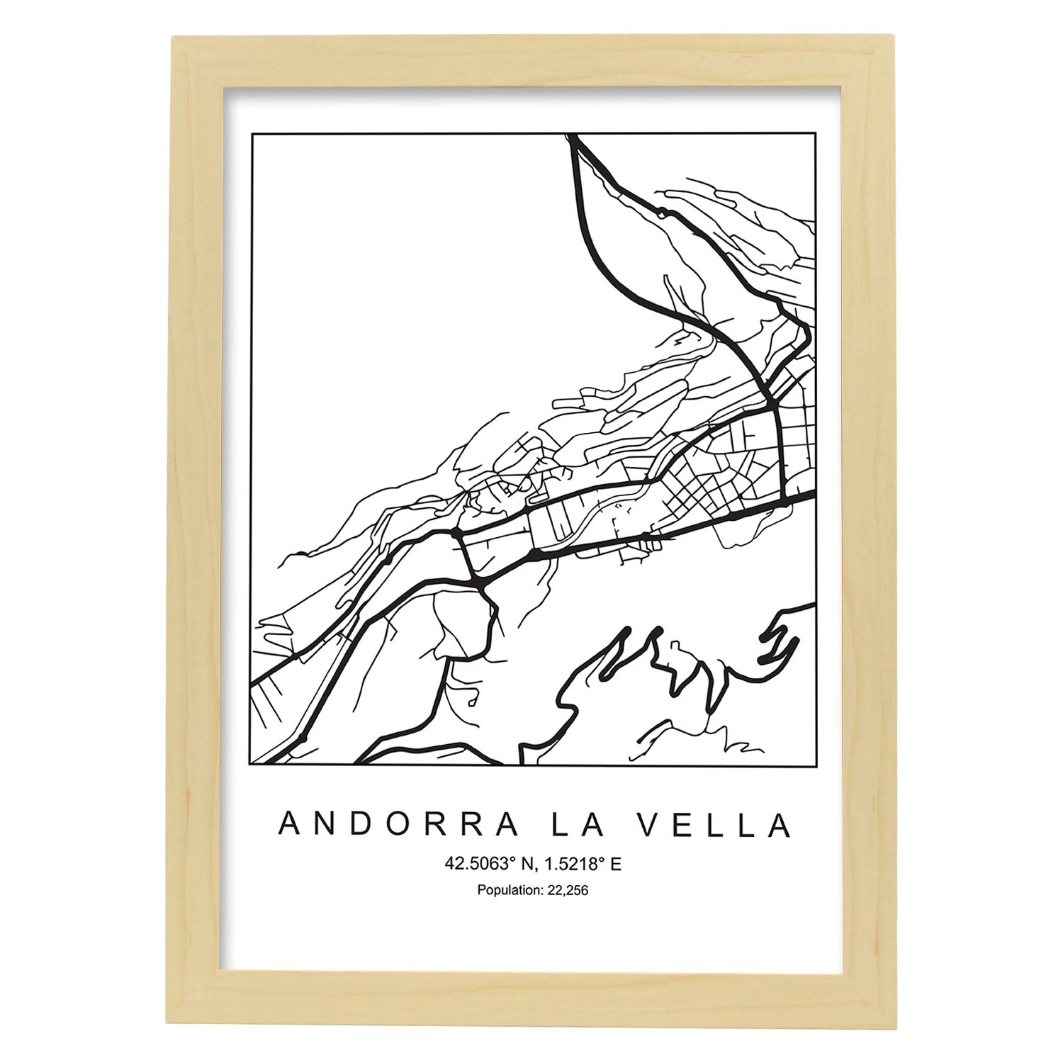 Lámina mapa de la ciudad Andorra la vella estilo nordico en blanco y negro.-Artwork-Nacnic-A4-Marco Madera clara-Nacnic Estudio SL