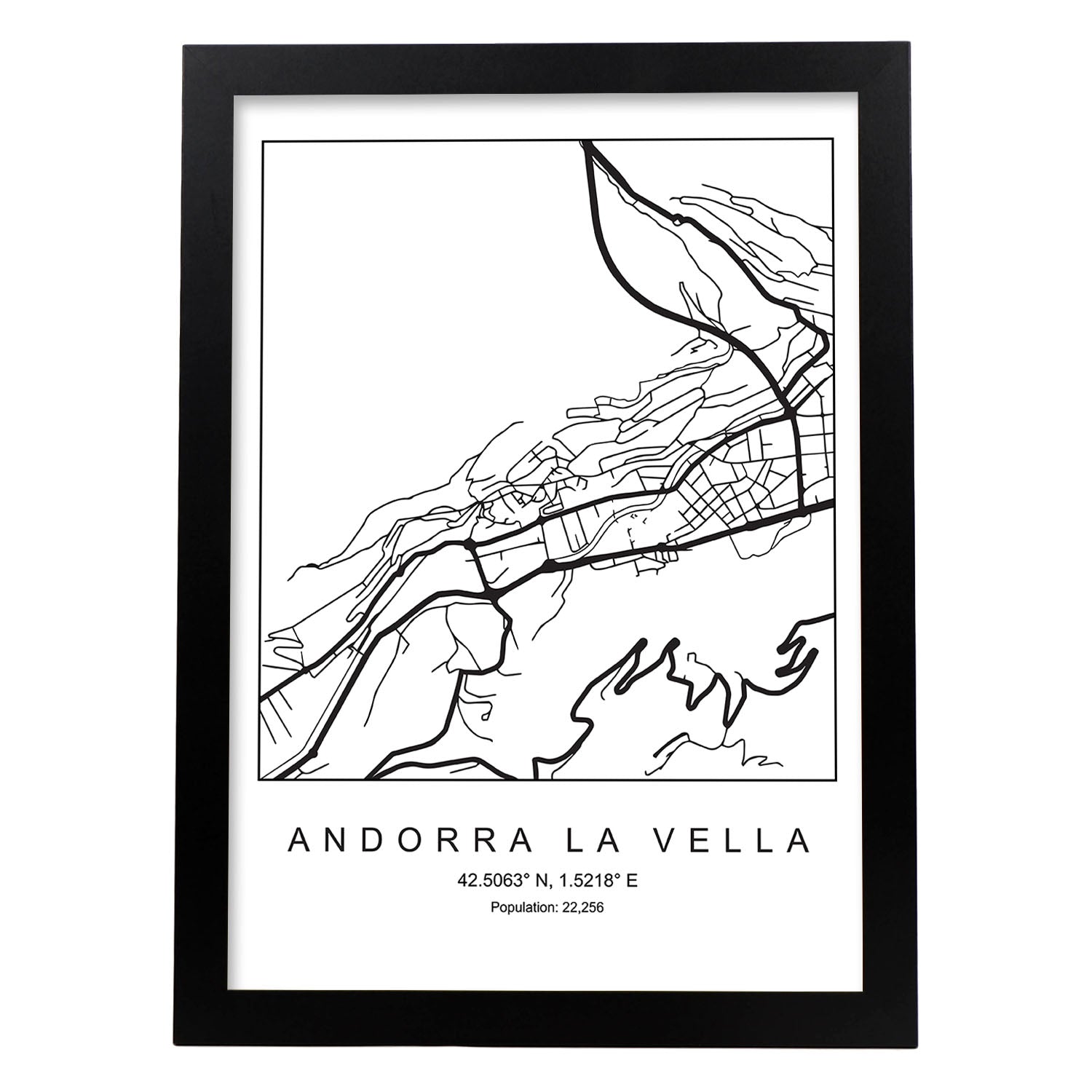 Lámina mapa de la ciudad Andorra la vella estilo nordico en blanco y negro.-Artwork-Nacnic-A4-Marco Negro-Nacnic Estudio SL