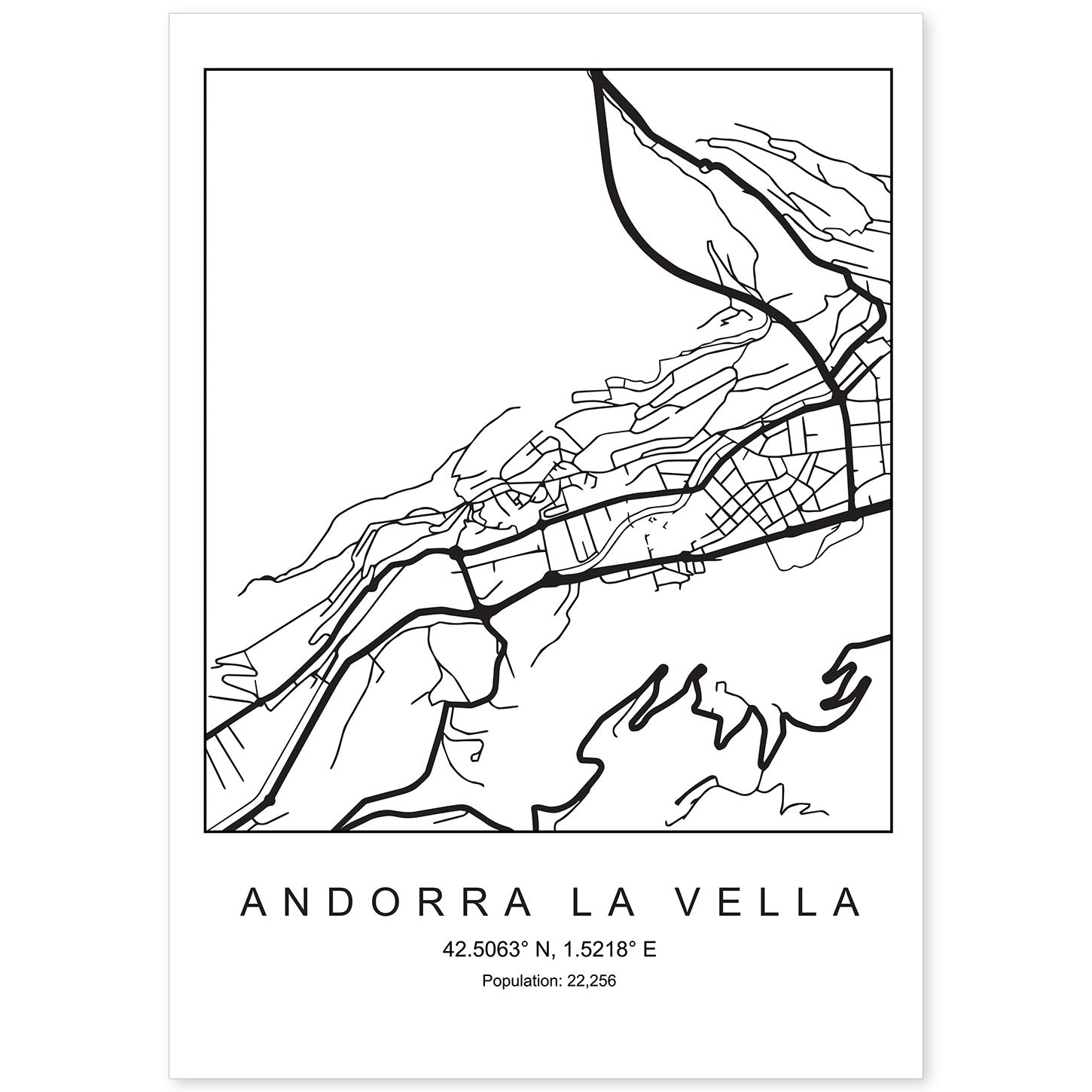 Lámina mapa de la ciudad Andorra la vella estilo nordico en blanco y negro.-Artwork-Nacnic-A4-Sin marco-Nacnic Estudio SL