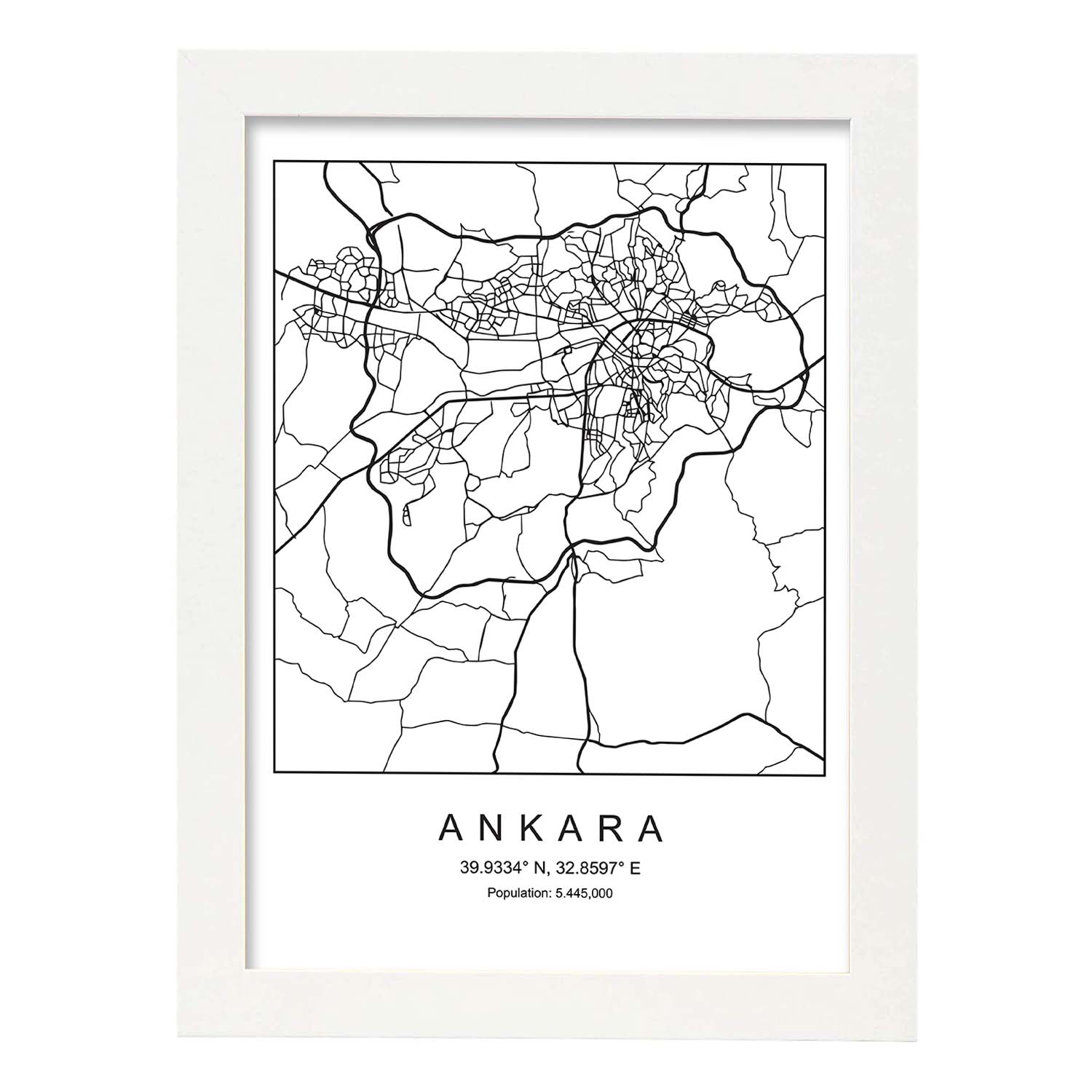Lámina mapa de la ciudad Ankara estilo nordico en blanco y negro.-Artwork-Nacnic-A3-Marco Blanco-Nacnic Estudio SL