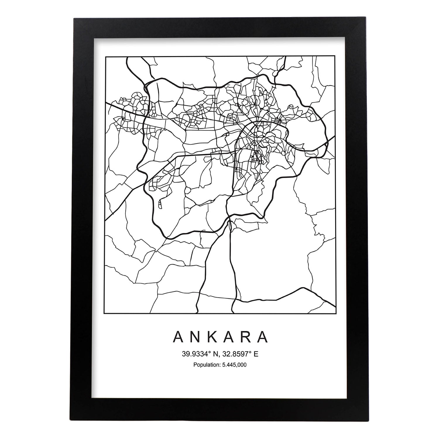 Lámina mapa de la ciudad Ankara estilo nordico en blanco y negro.-Artwork-Nacnic-A3-Marco Negro-Nacnic Estudio SL