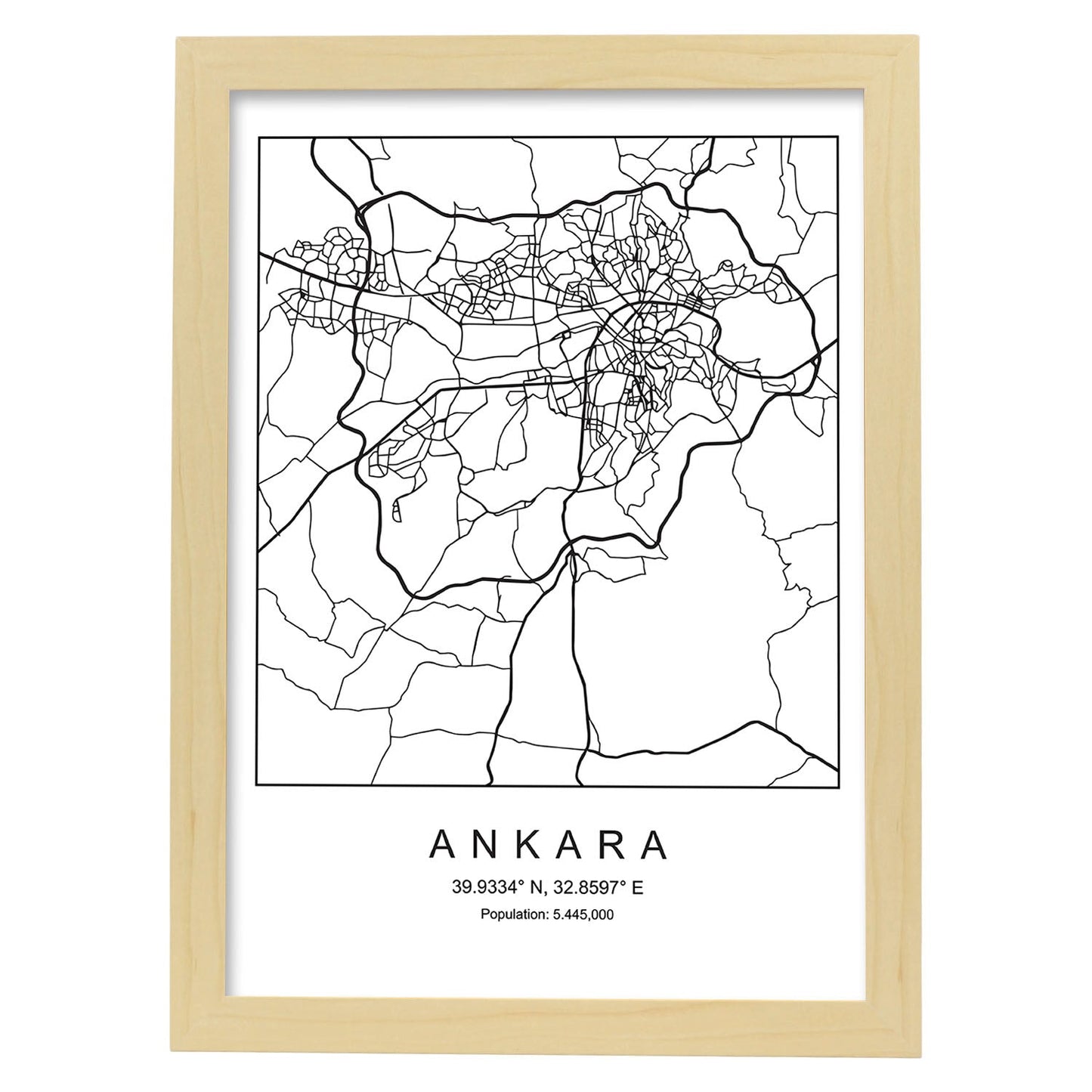 Lámina mapa de la ciudad Ankara estilo nordico en blanco y negro.-Artwork-Nacnic-A4-Marco Madera clara-Nacnic Estudio SL