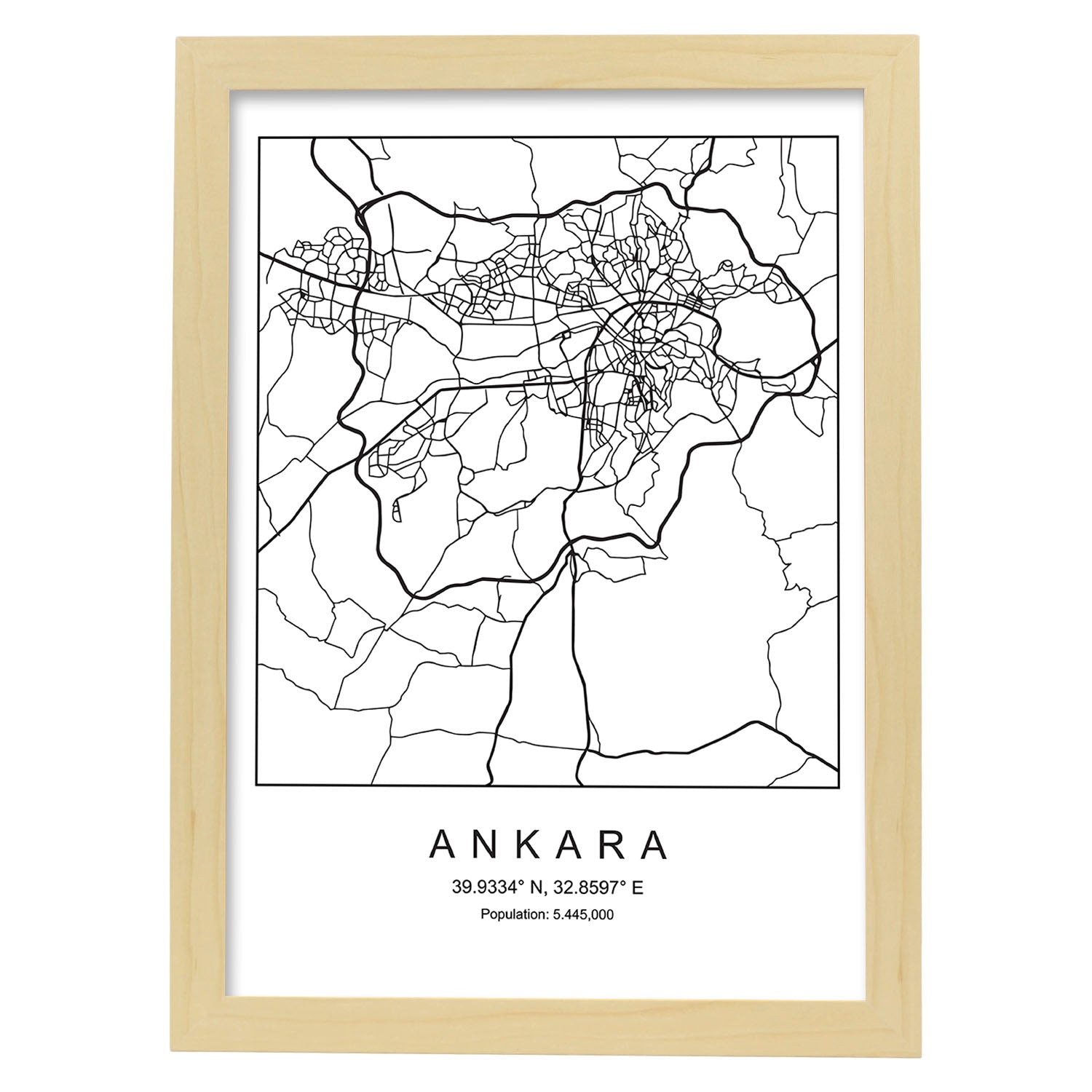 Lámina mapa de la ciudad Ankara estilo nordico en blanco y negro.-Artwork-Nacnic-A4-Marco Madera clara-Nacnic Estudio SL
