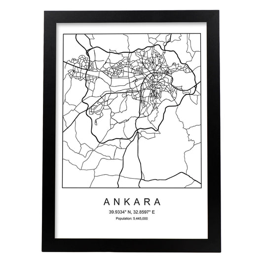 Lámina mapa de la ciudad Ankara estilo nordico en blanco y negro.-Artwork-Nacnic-A4-Marco Negro-Nacnic Estudio SL
