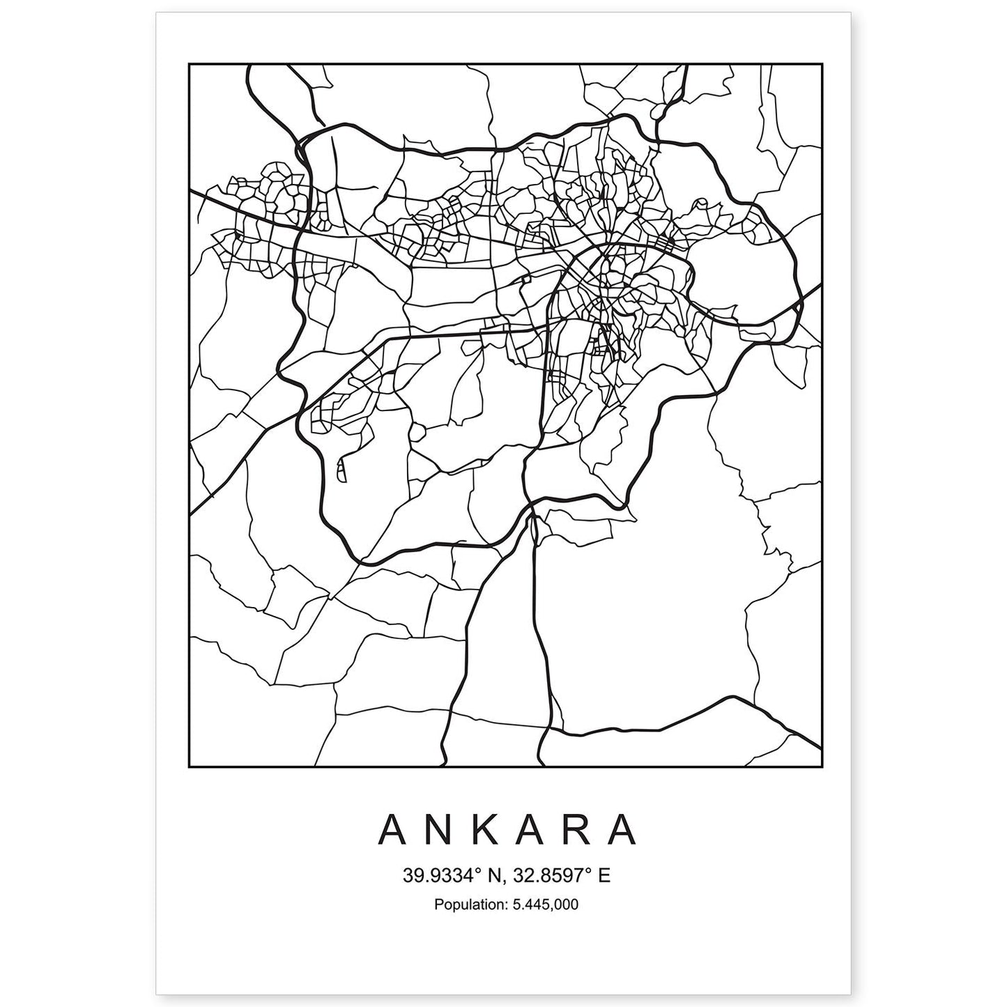 Lámina mapa de la ciudad Ankara estilo nordico en blanco y negro.-Artwork-Nacnic-A4-Sin marco-Nacnic Estudio SL